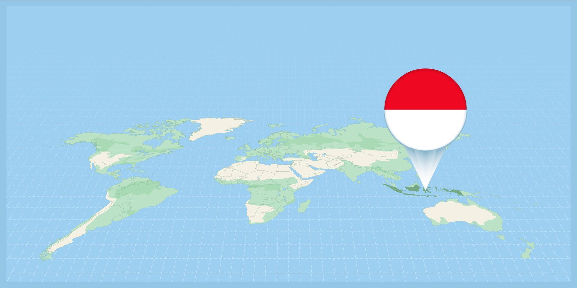 ubicación de Indonesia en el mundo mapa, marcado con Indonesia bandera alfiler. vector