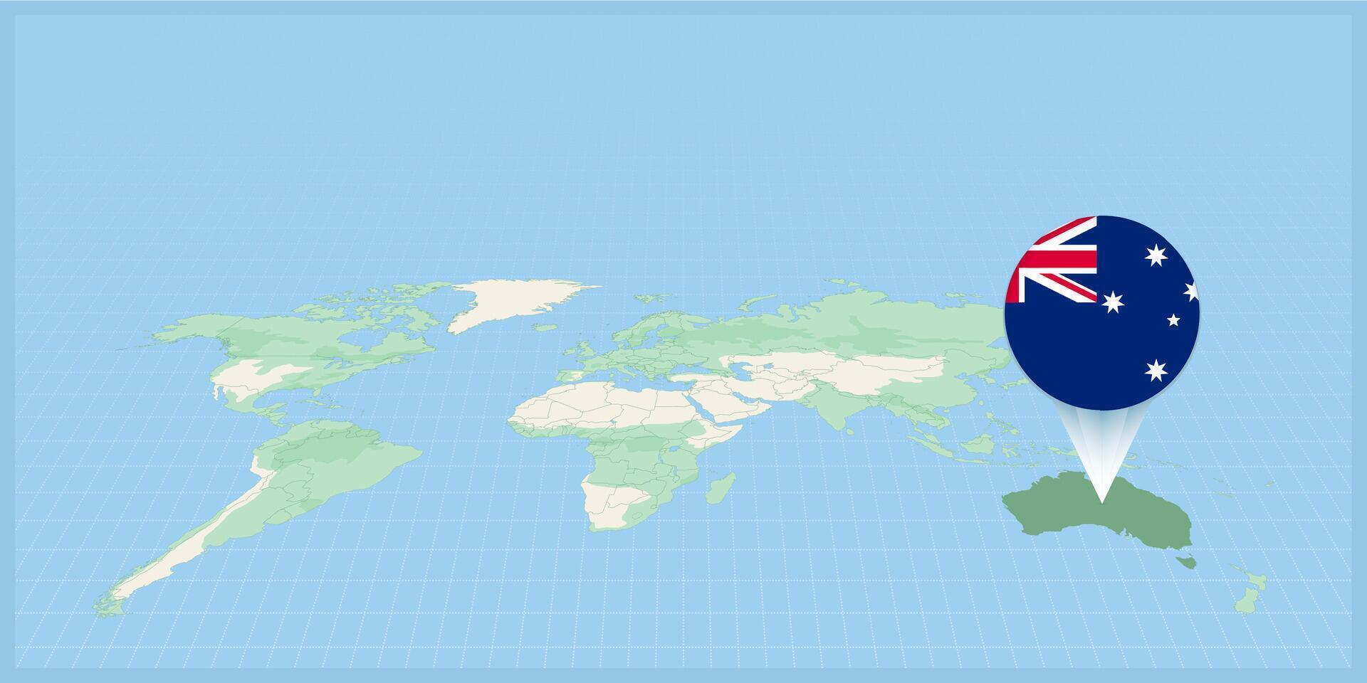 Location of Australia on the world map, marked with Australia flag pin. vector