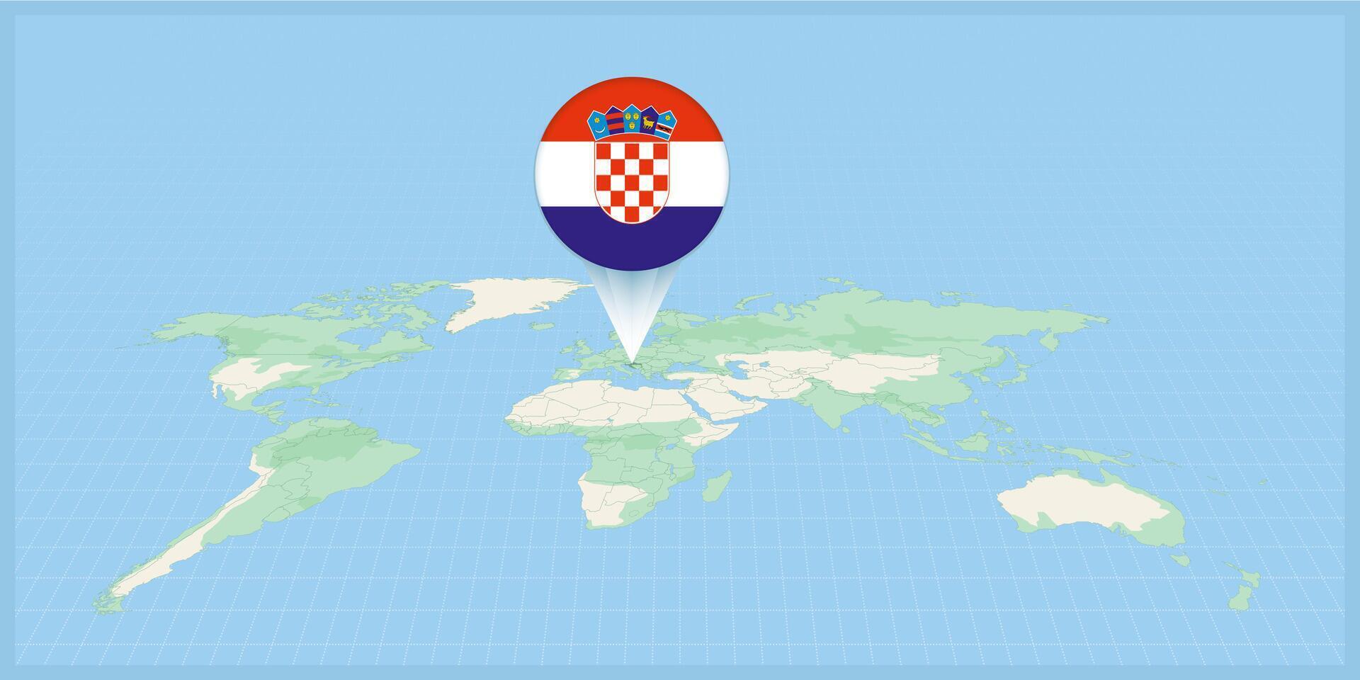 ubicación de Croacia en el mundo mapa, marcado con Croacia bandera alfiler. vector