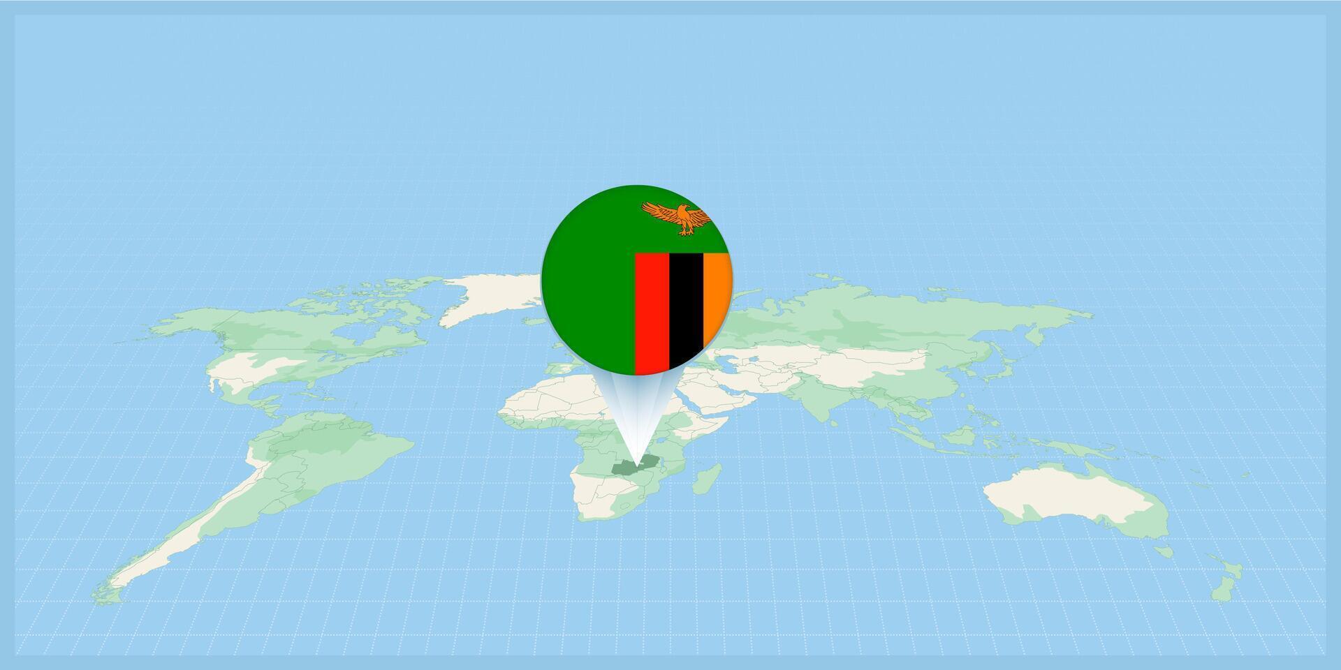 Location of Zambia on the world map, marked with Zambia flag pin. vector