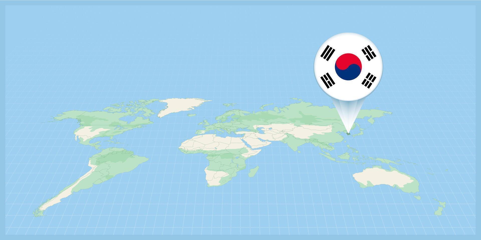 ubicación de sur Corea en el mundo mapa, marcado con sur Corea bandera alfiler. vector