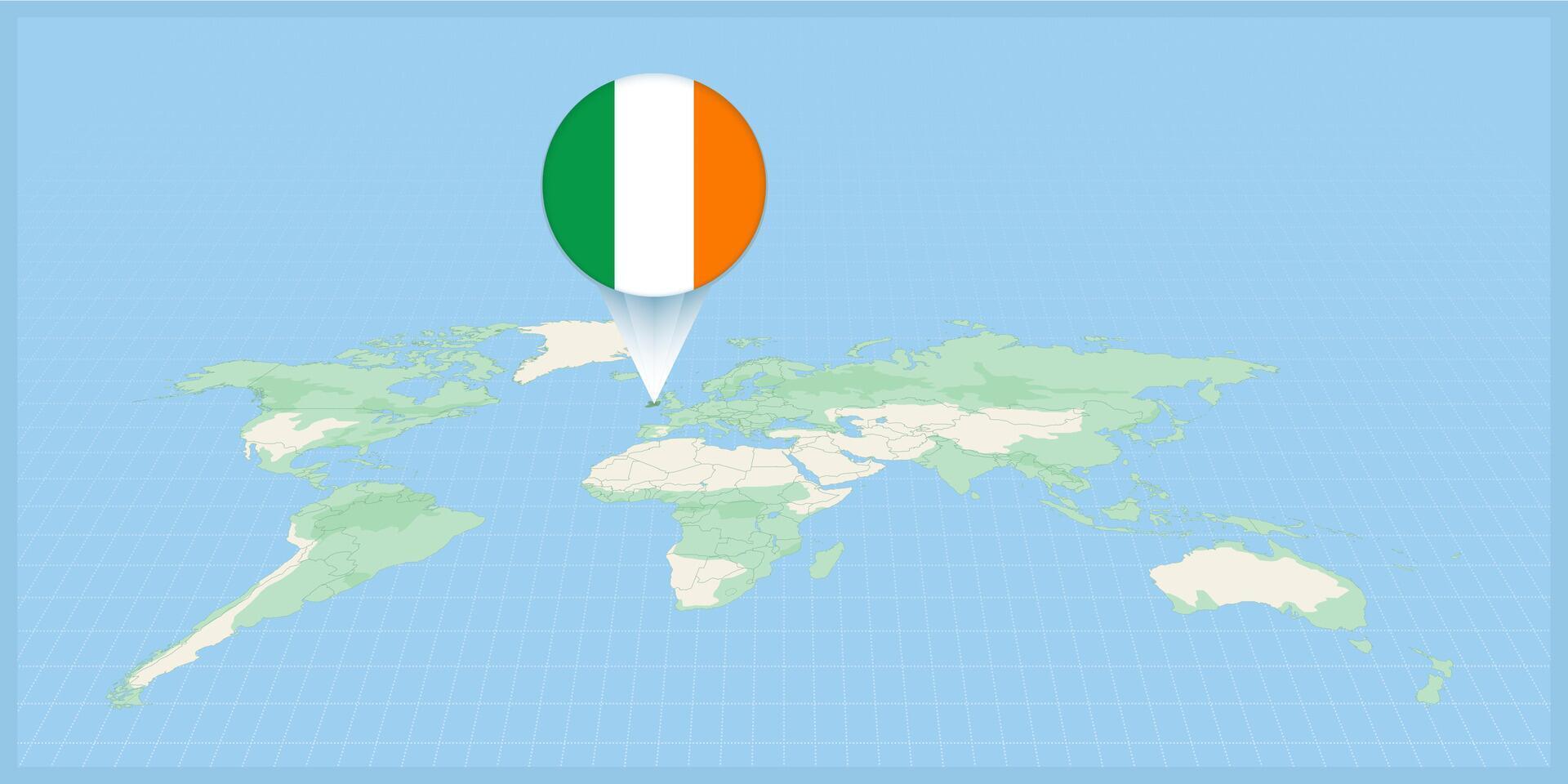 ubicación de Irlanda en el mundo mapa, marcado con Irlanda bandera alfiler. vector
