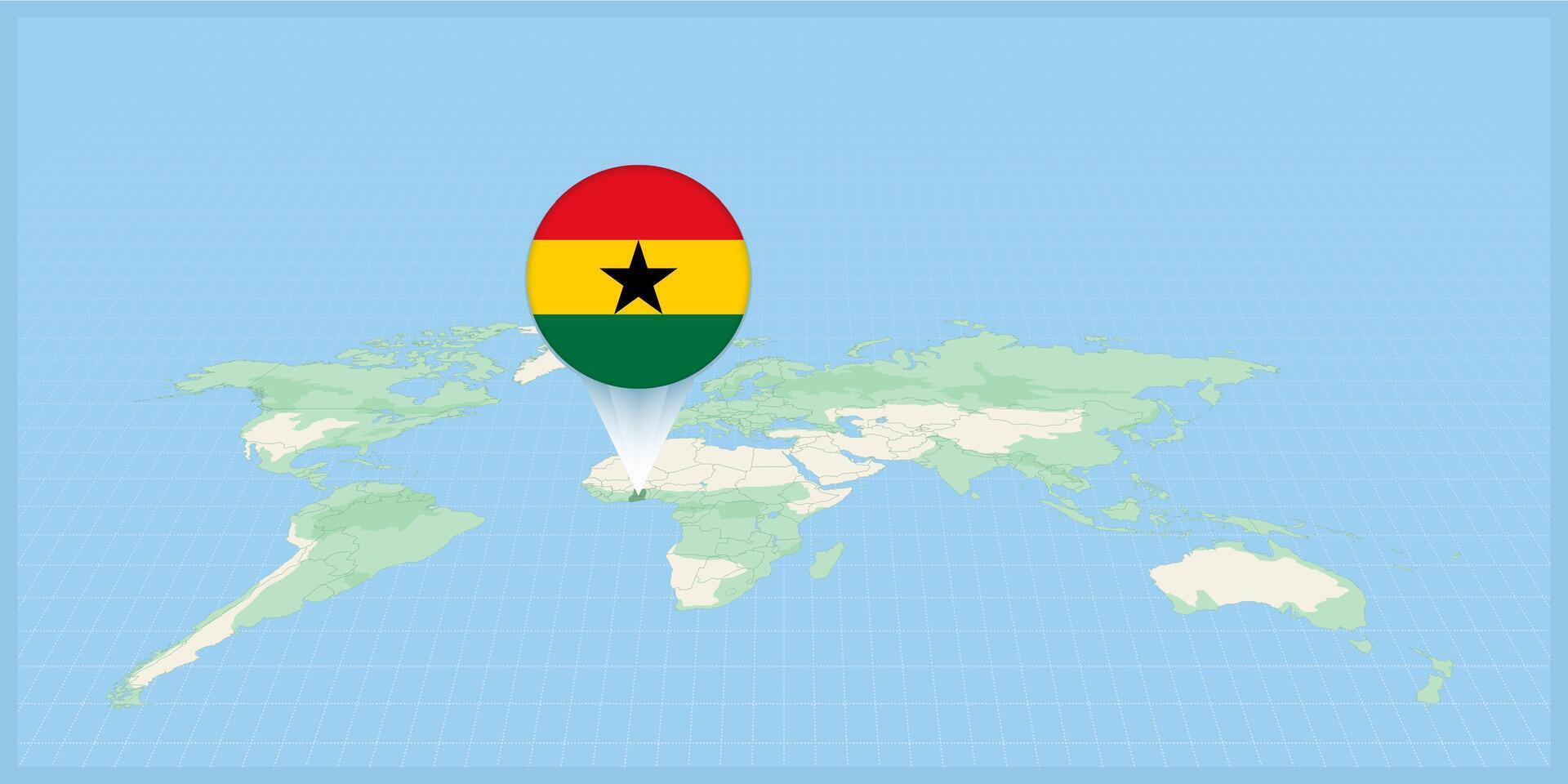 ubicación de Ghana en el mundo mapa, marcado con Ghana bandera alfiler. vector