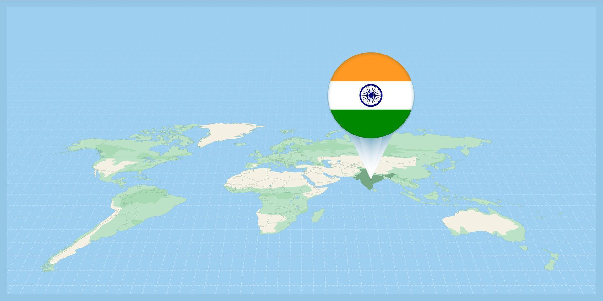 Location of india on the world map marked with india flag pin