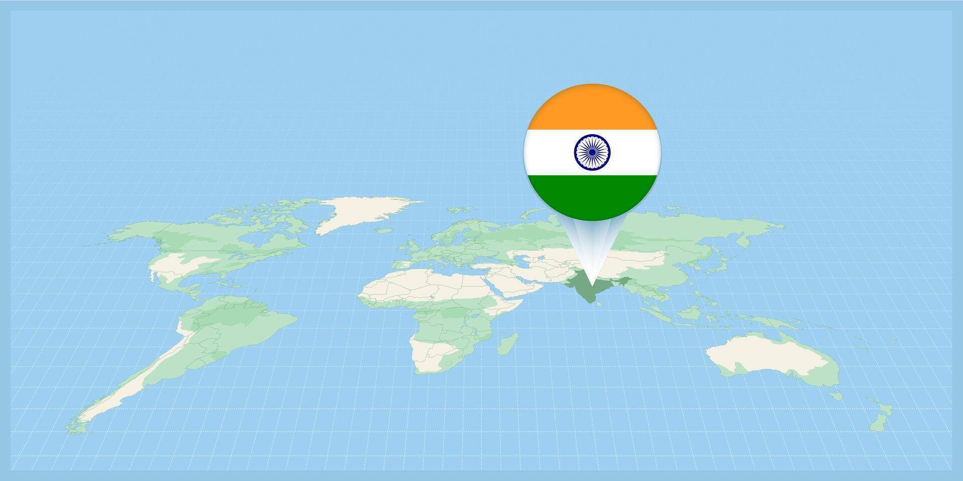 Location of India on the world map, marked with India flag pin. vector