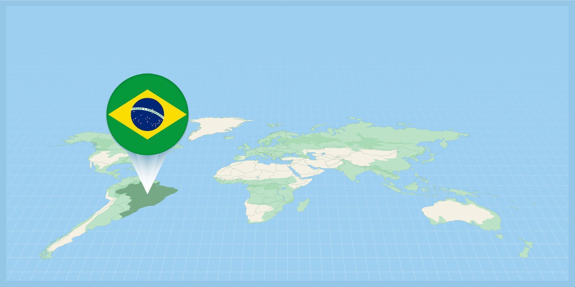 Location of Brazil on the world map, marked with Brazil flag pin. vector