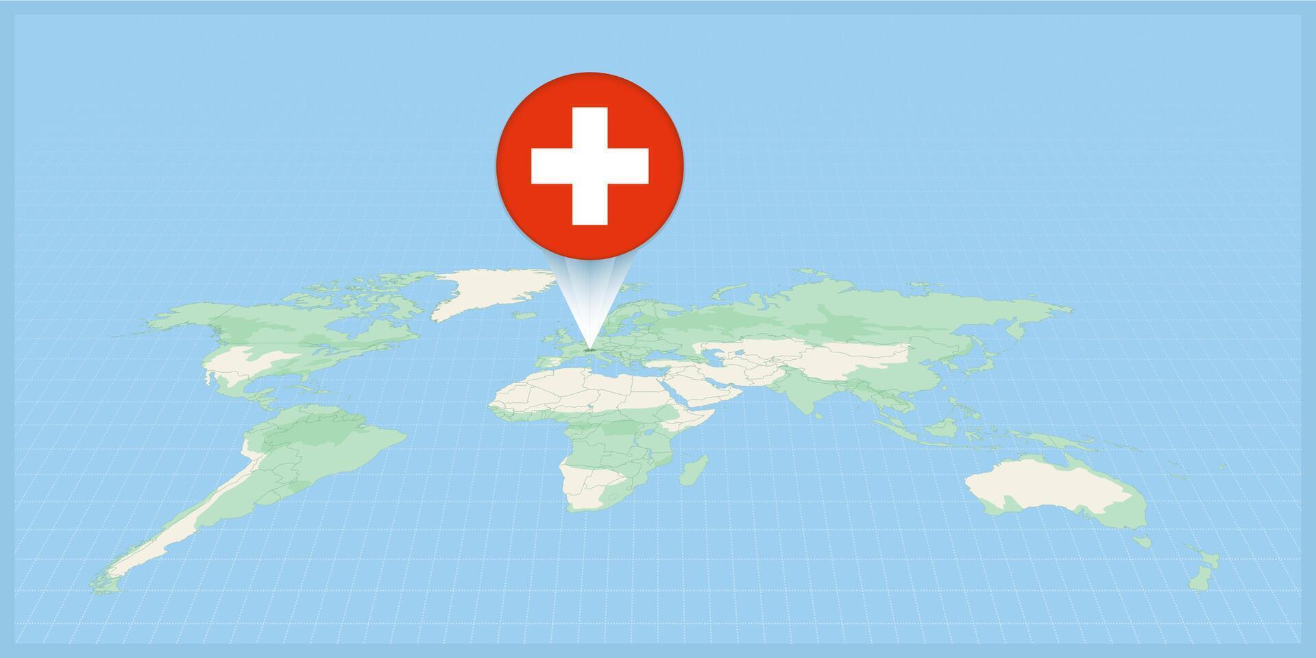 ubicación de Suiza en el mundo mapa, marcado con Suiza bandera alfiler. vector