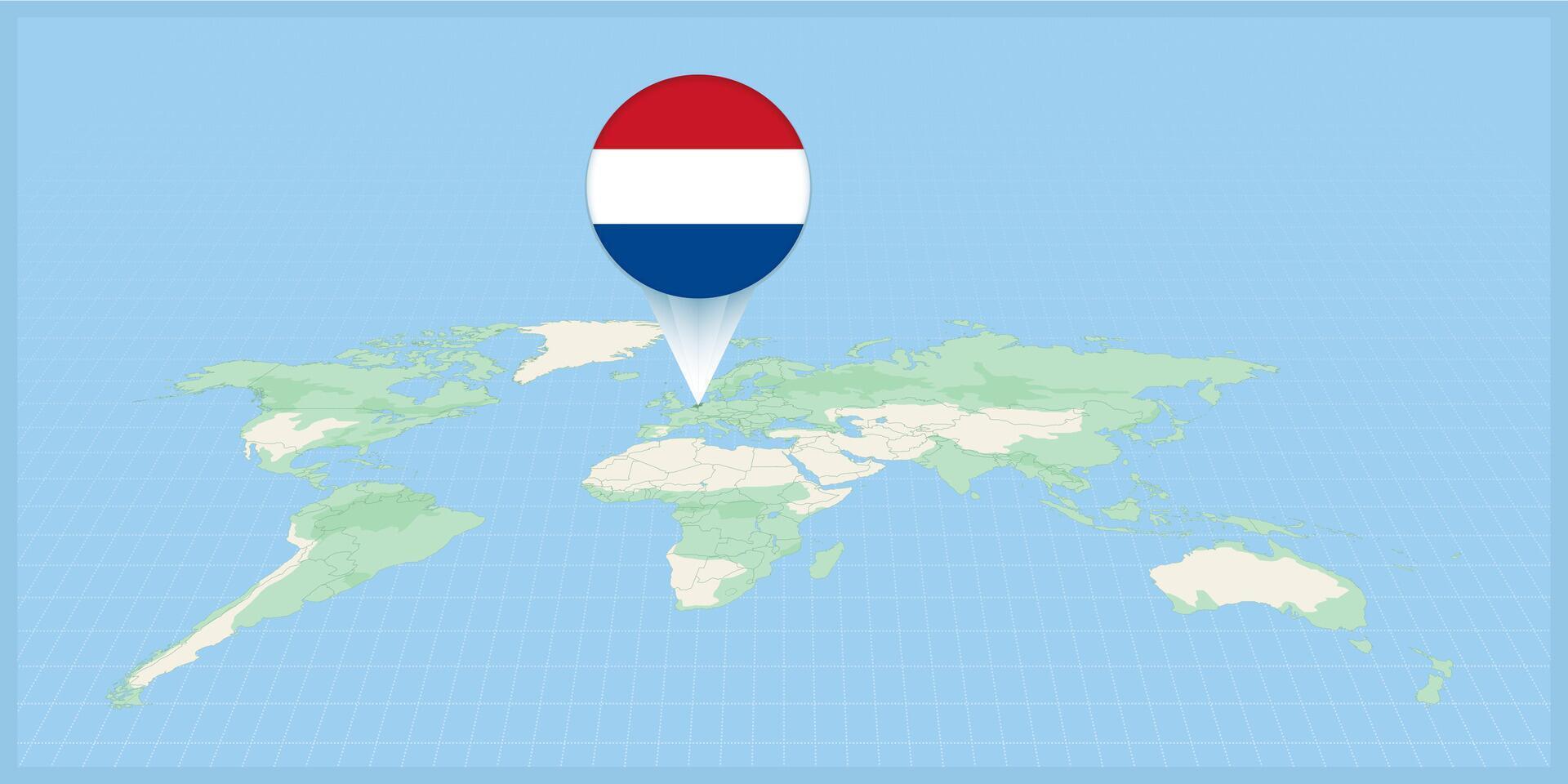 Location of Netherlands on the world map, marked with Netherlands flag pin. vector