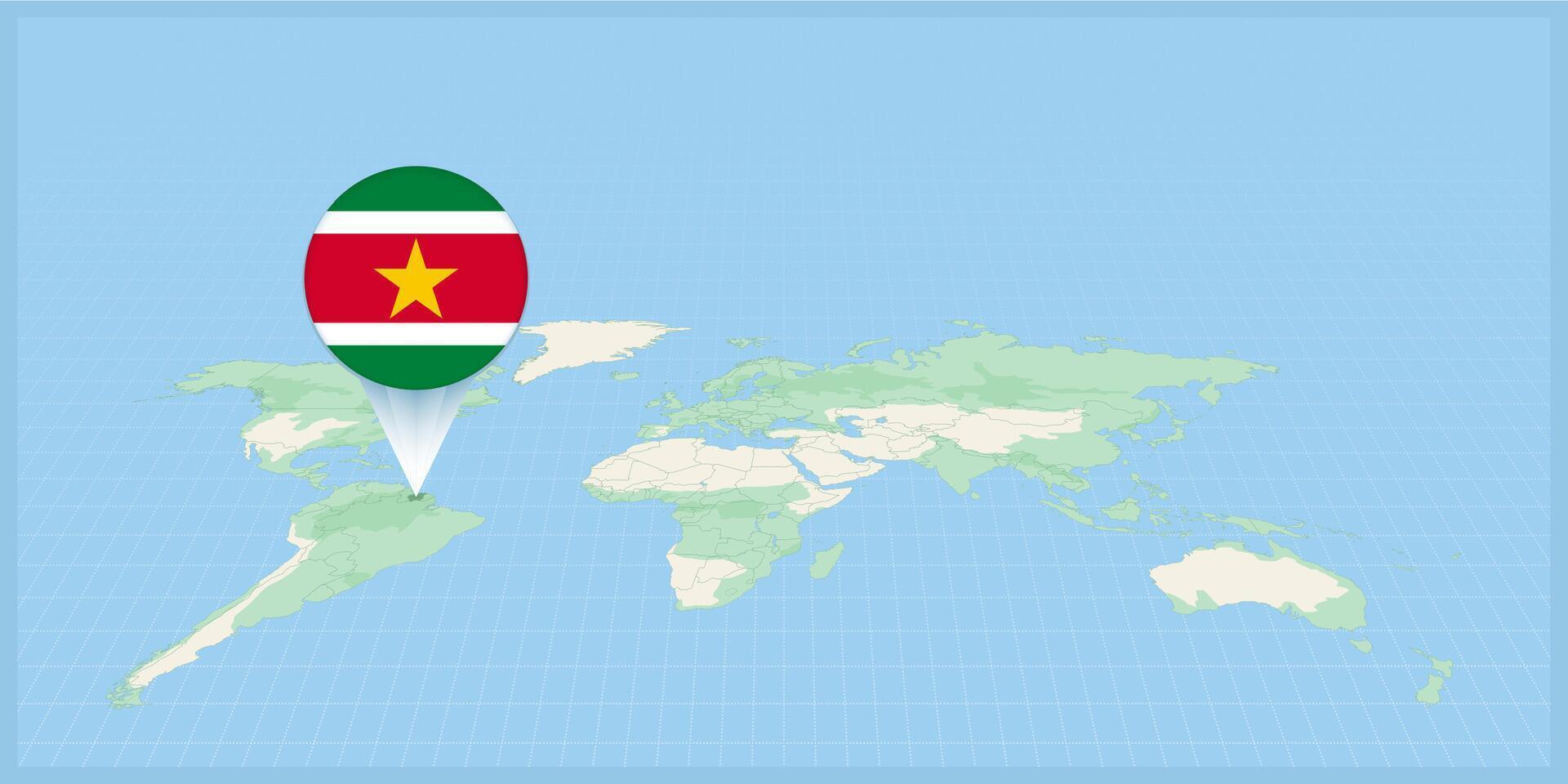 Location of Suriname on the world map, marked with Suriname flag pin. vector