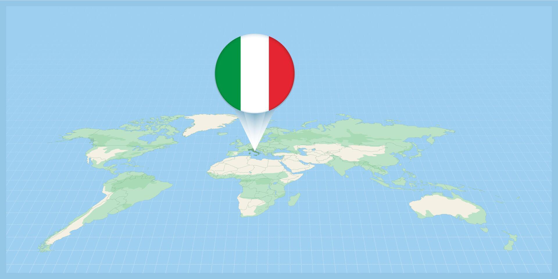 ubicación de Italia en el mundo mapa, marcado con Italia bandera alfiler. vector