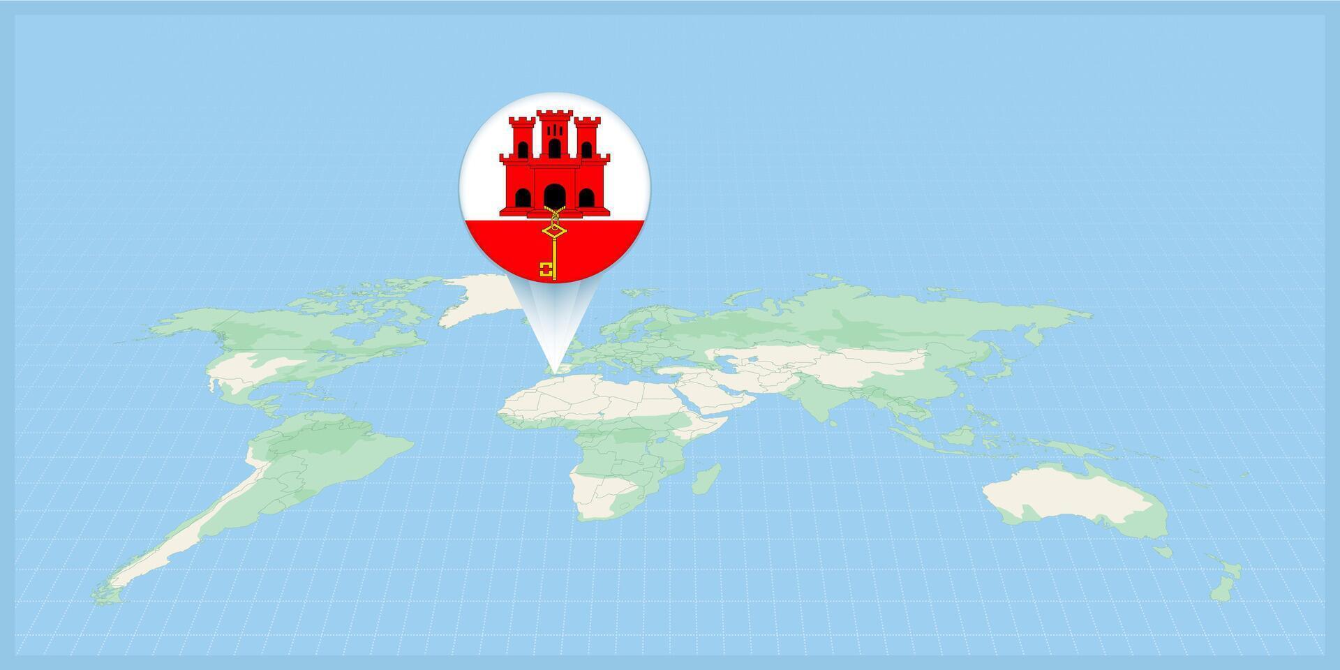 Location of Gibraltar on the world map, marked with Gibraltar flag pin. vector