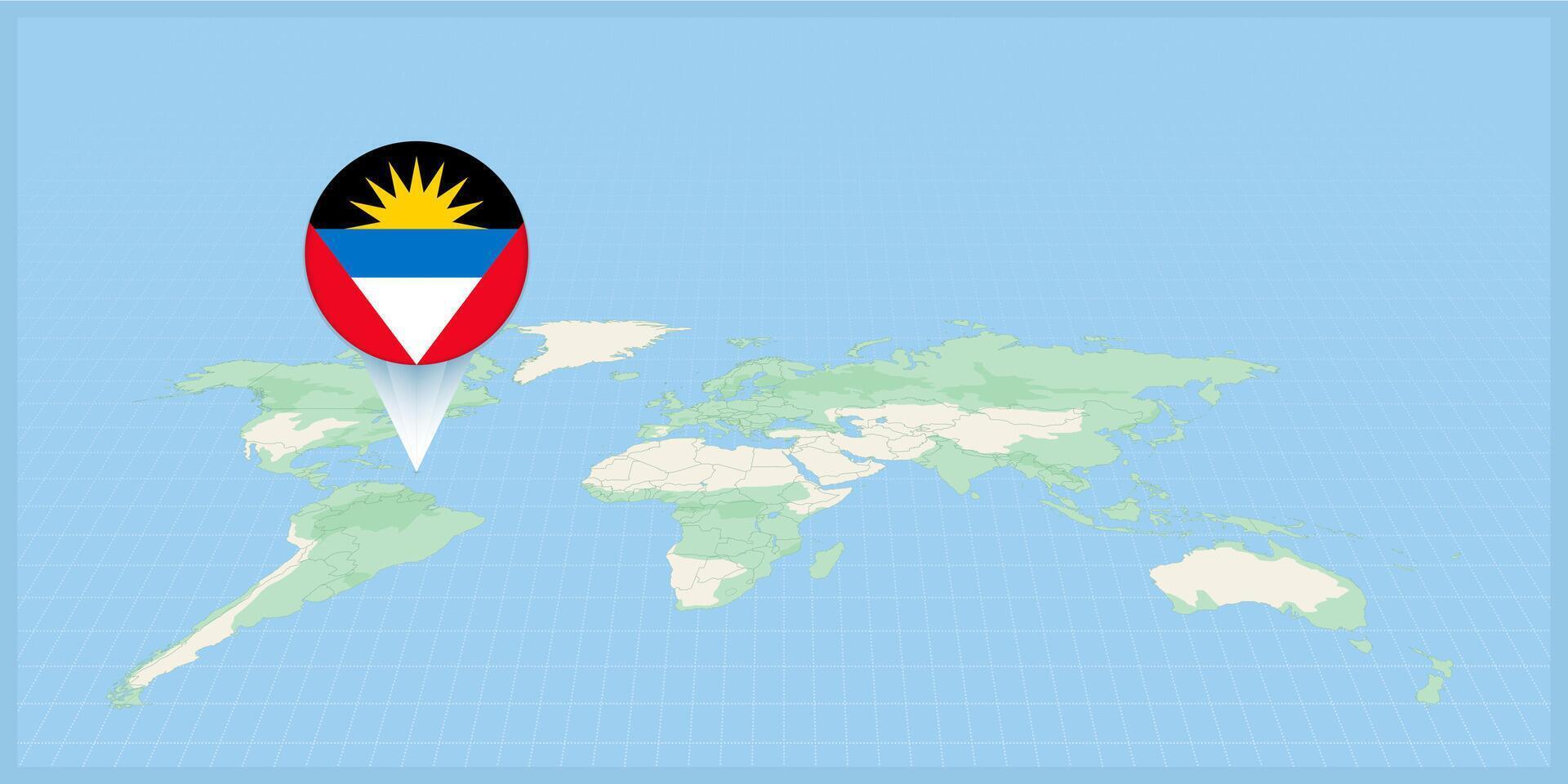 ubicación de antigua y barbuda en el mundo mapa, marcado con antigua y barbuda bandera alfiler. vector