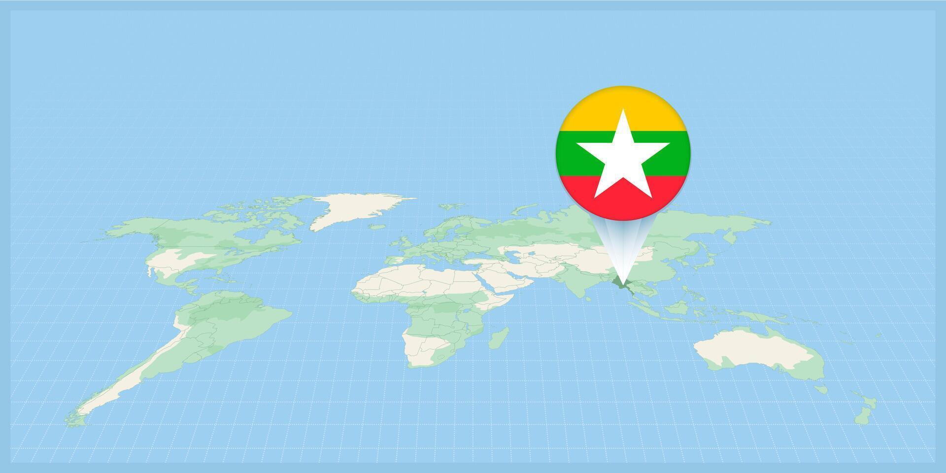 Location of Myanmar on the world map, marked with Myanmar flag pin. vector