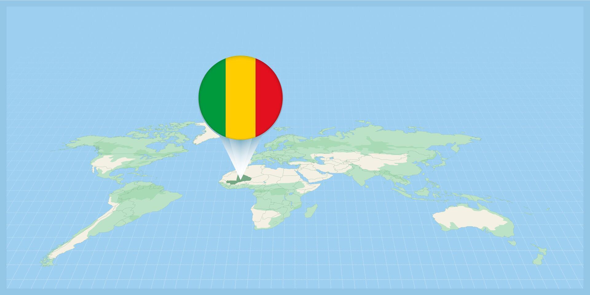 ubicación de mali en el mundo mapa, marcado con mali bandera alfiler. vector