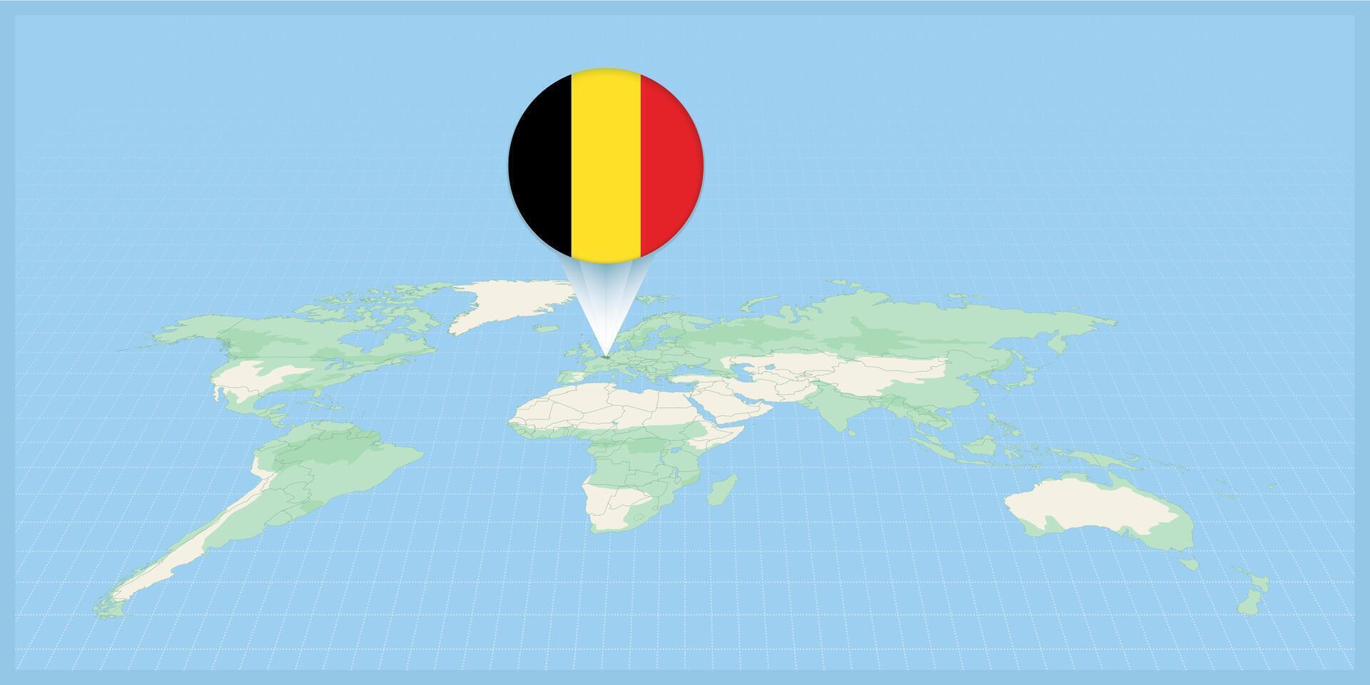 Location of Belgium on the world map, marked with Belgium flag pin. vector