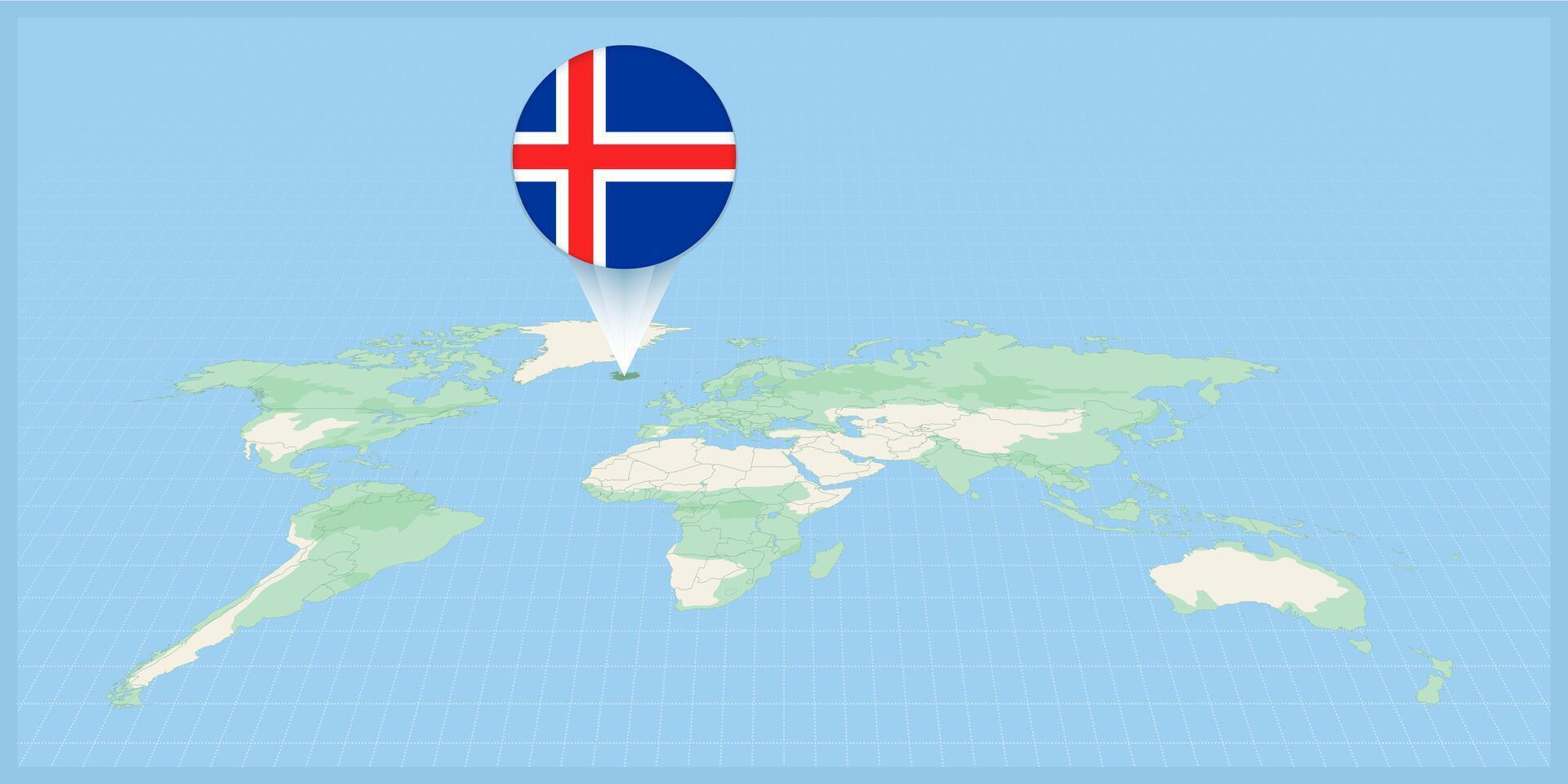 ubicación de Islandia en el mundo mapa, marcado con Islandia bandera alfiler. vector