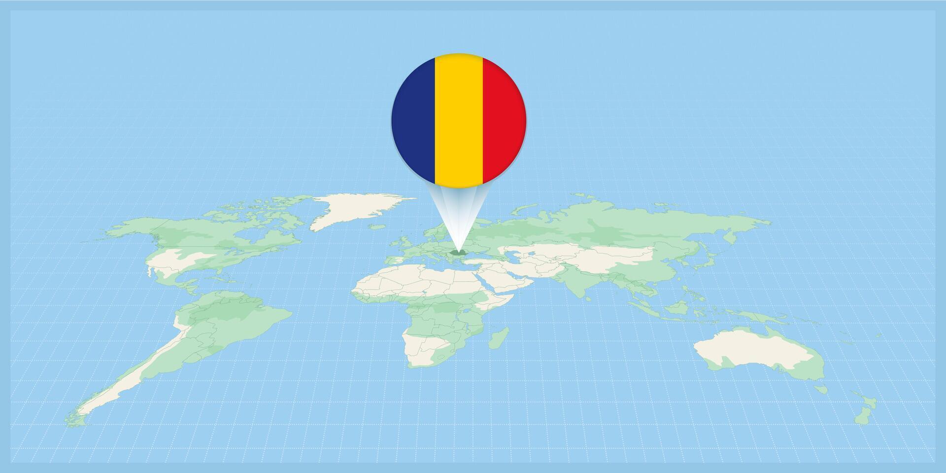 Location of Romania on the world map, marked with Romania flag pin. vector