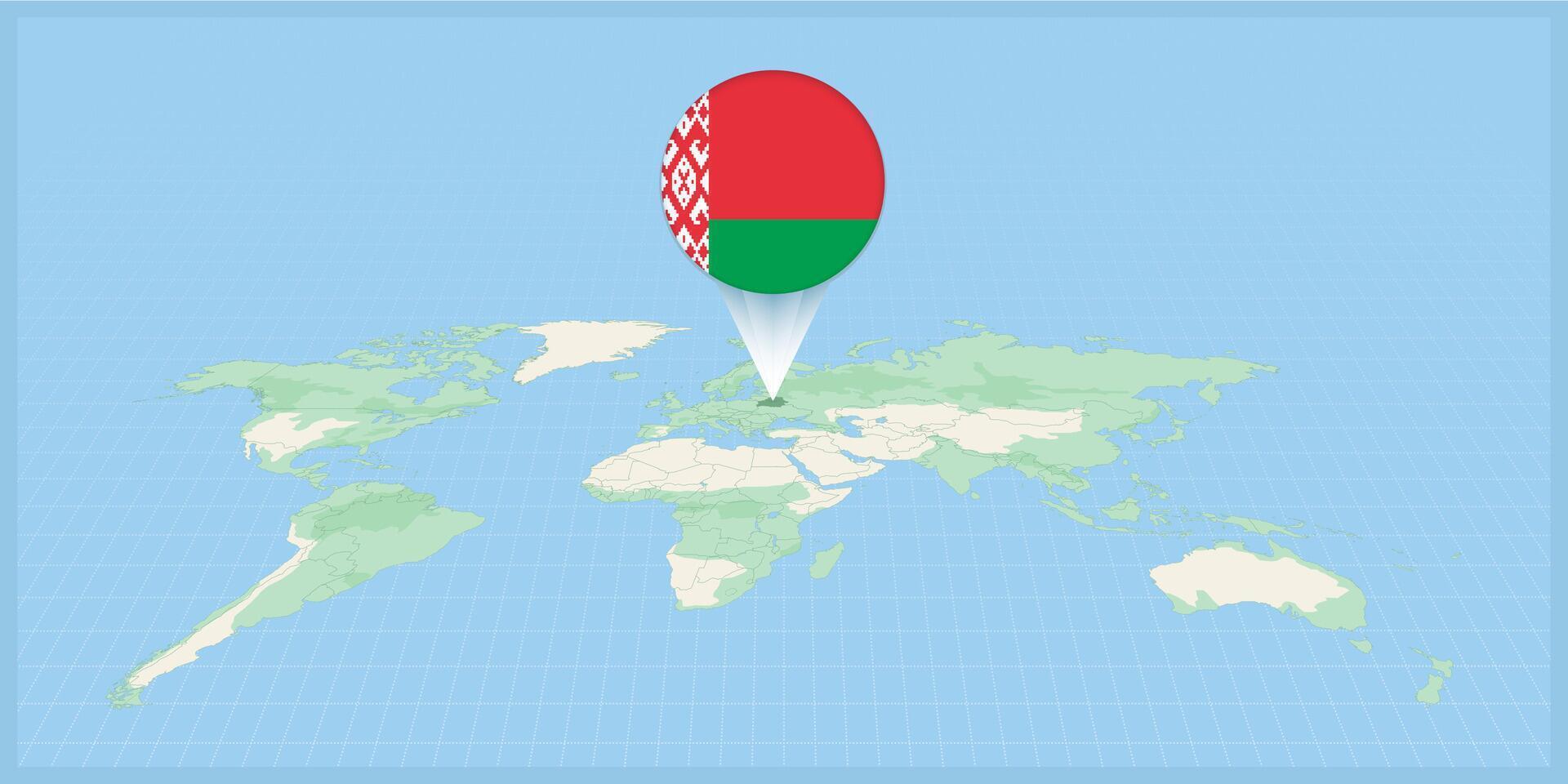 Location of Belarus on the world map, marked with Belarus flag pin. vector