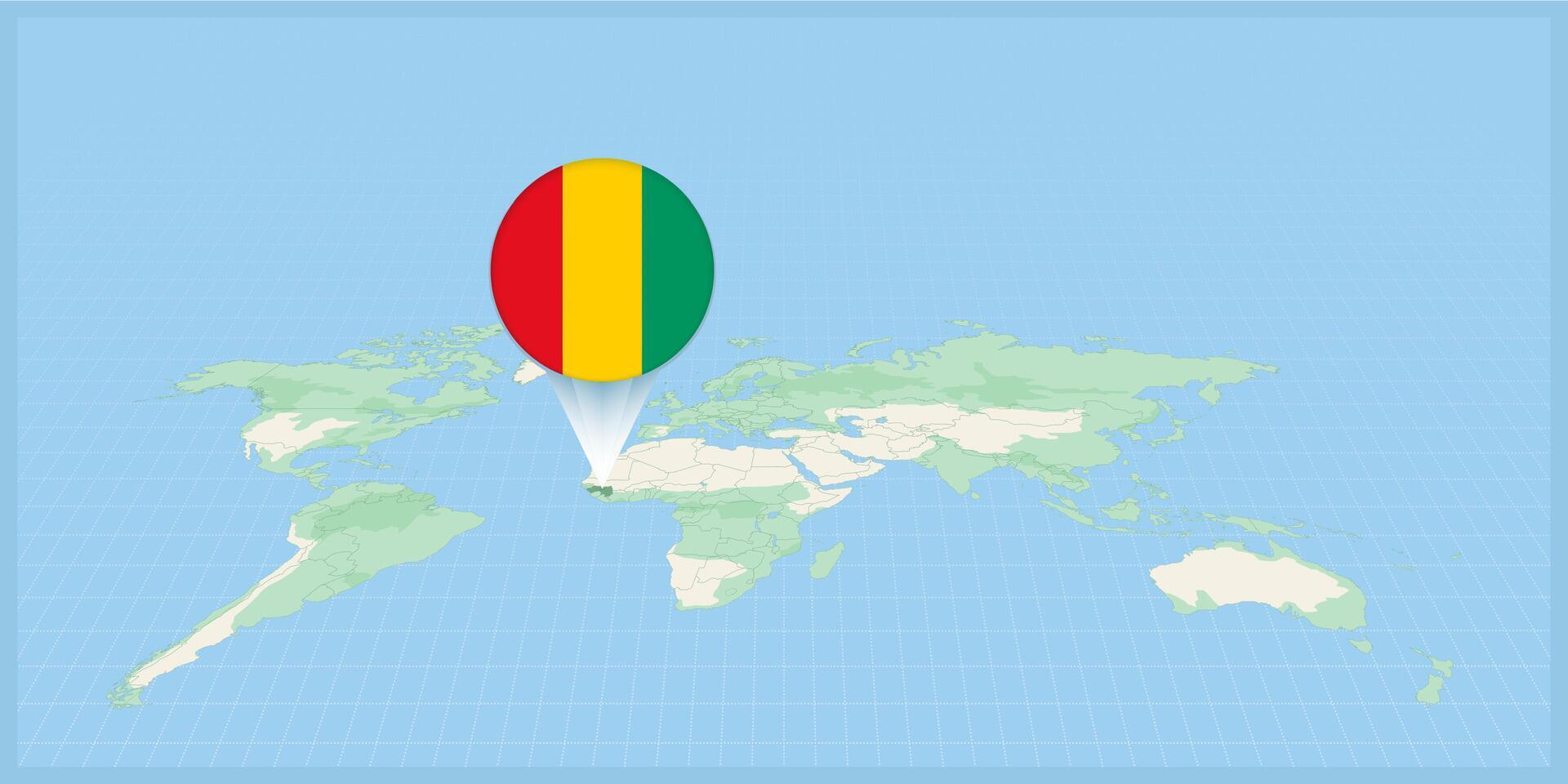 Location of Guinea on the world map, marked with Guinea flag pin. vector