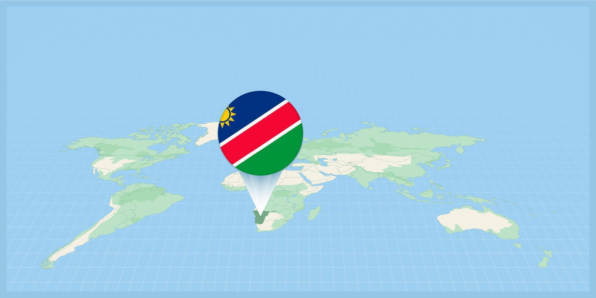 Location of Namibia on the world map, marked with Namibia flag pin. vector