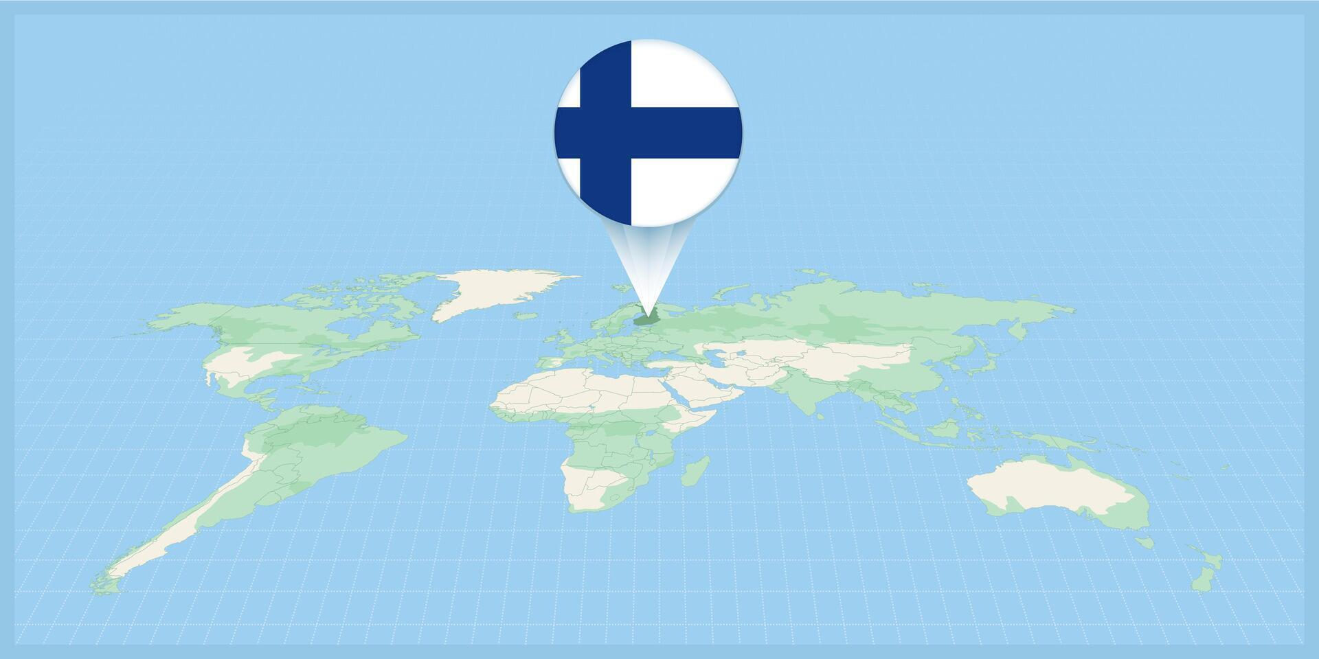 ubicación de Finlandia en el mundo mapa, marcado con Finlandia bandera alfiler. vector