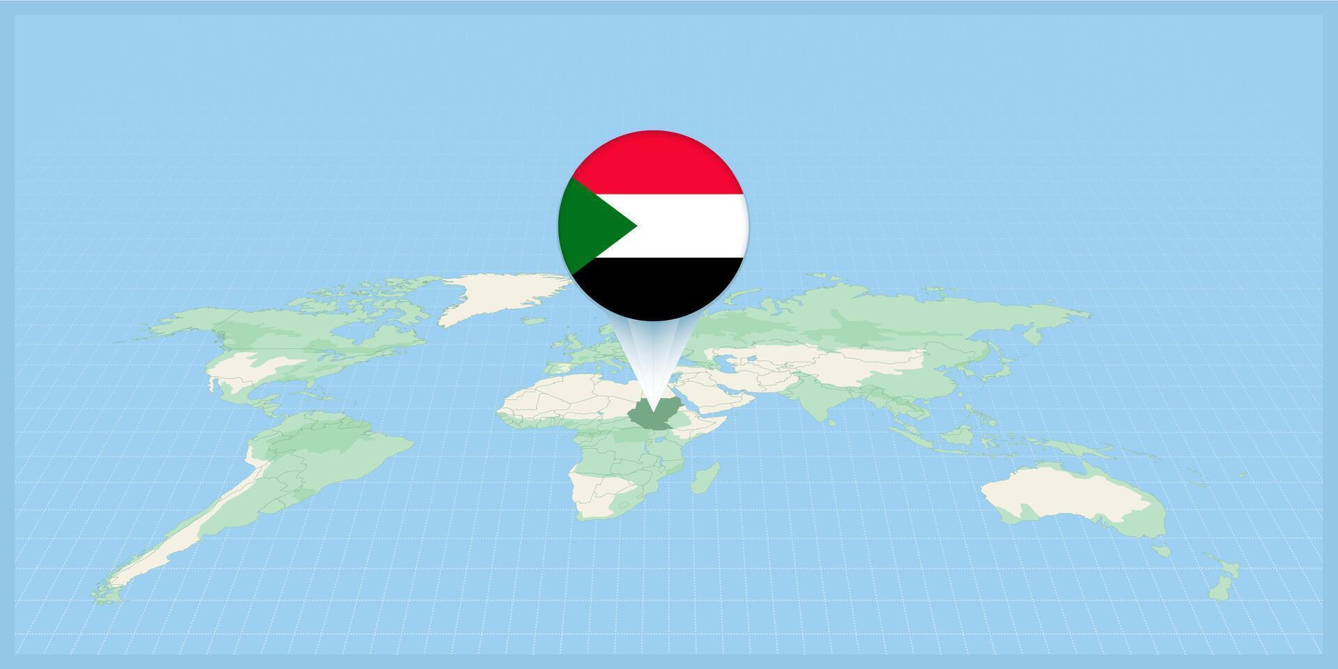 Location of Sudan on the world map, marked with Sudan flag pin. vector