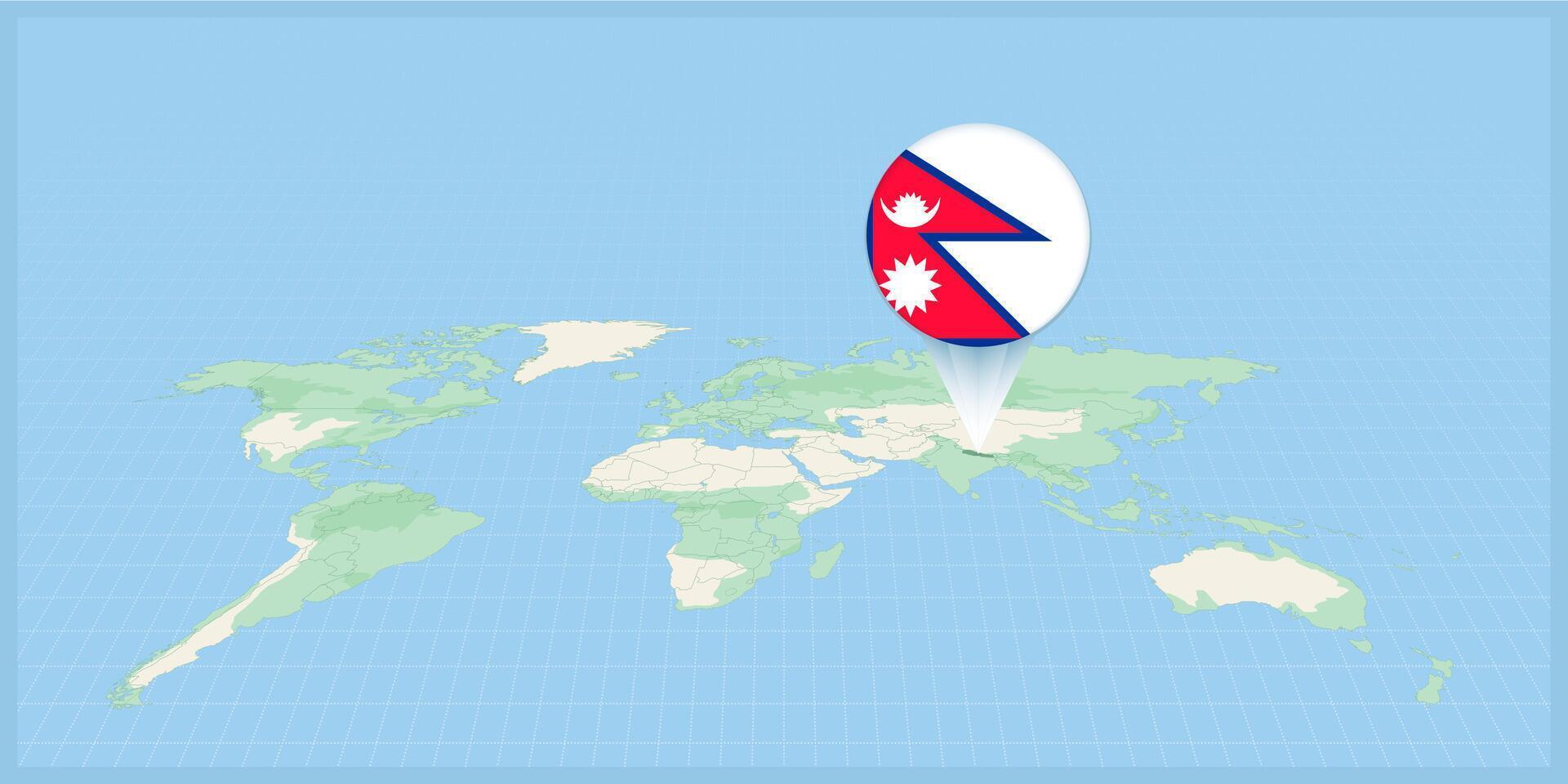 ubicación de Nepal en el mundo mapa, marcado con Nepal bandera alfiler. vector