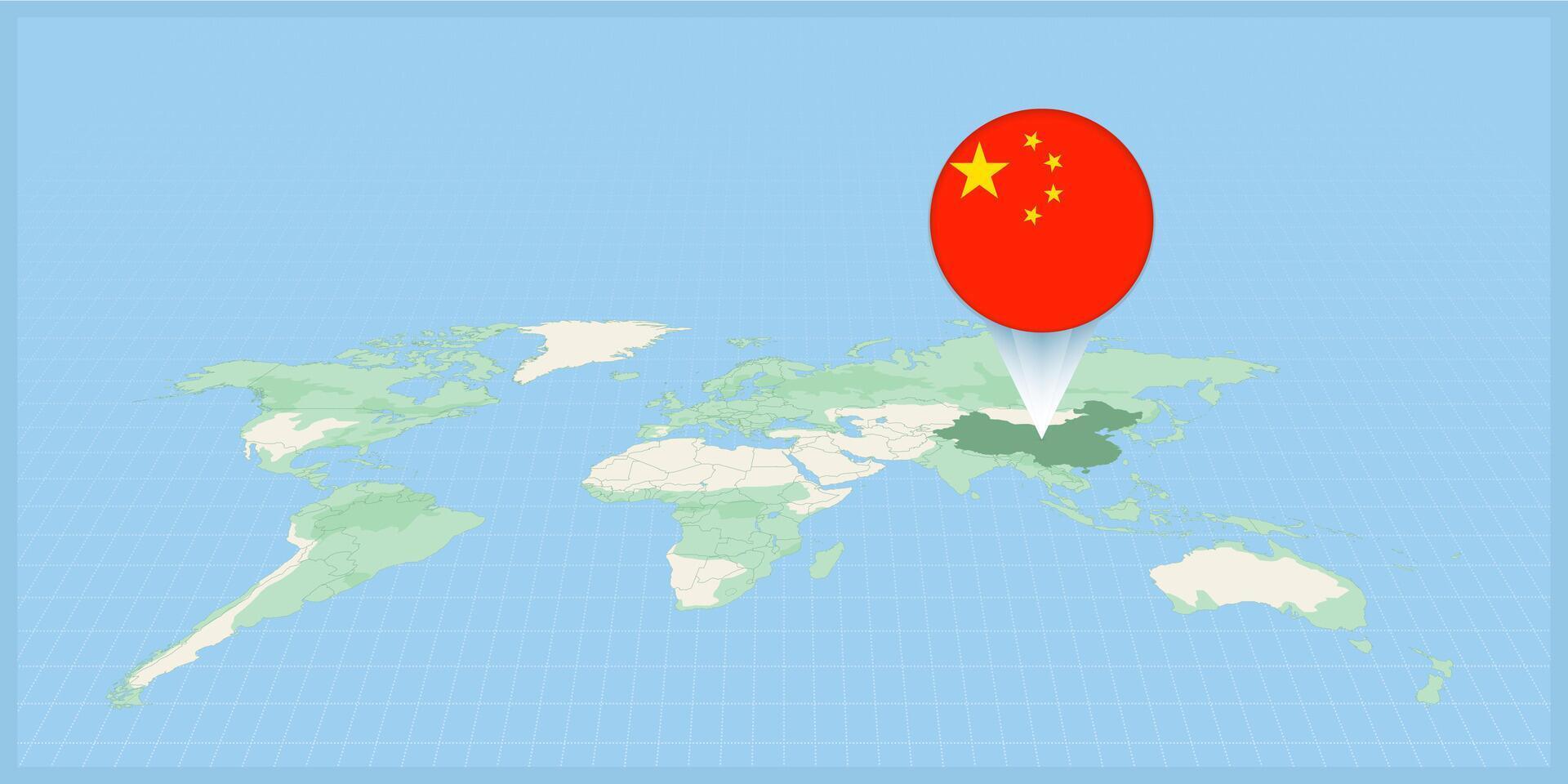 ubicación de China en el mundo mapa, marcado con China bandera alfiler. vector