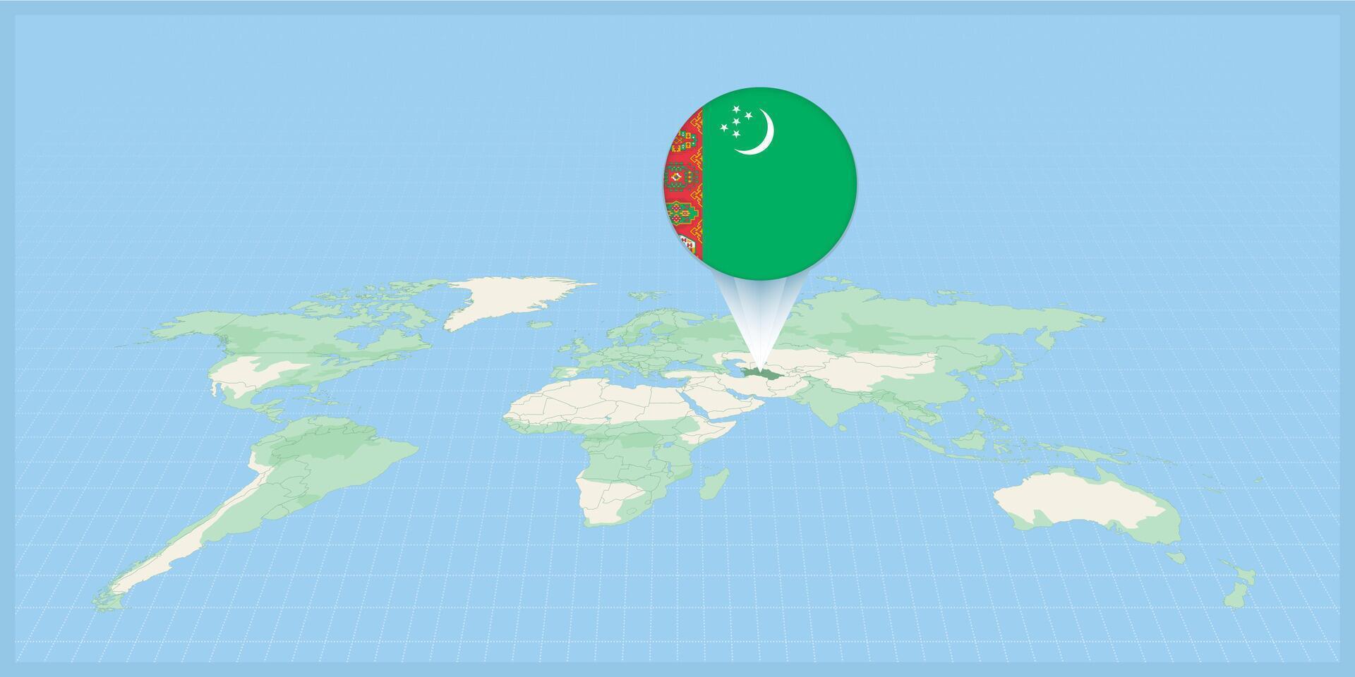 Location of Turkmenistan on the world map, marked with Turkmenistan flag pin. vector