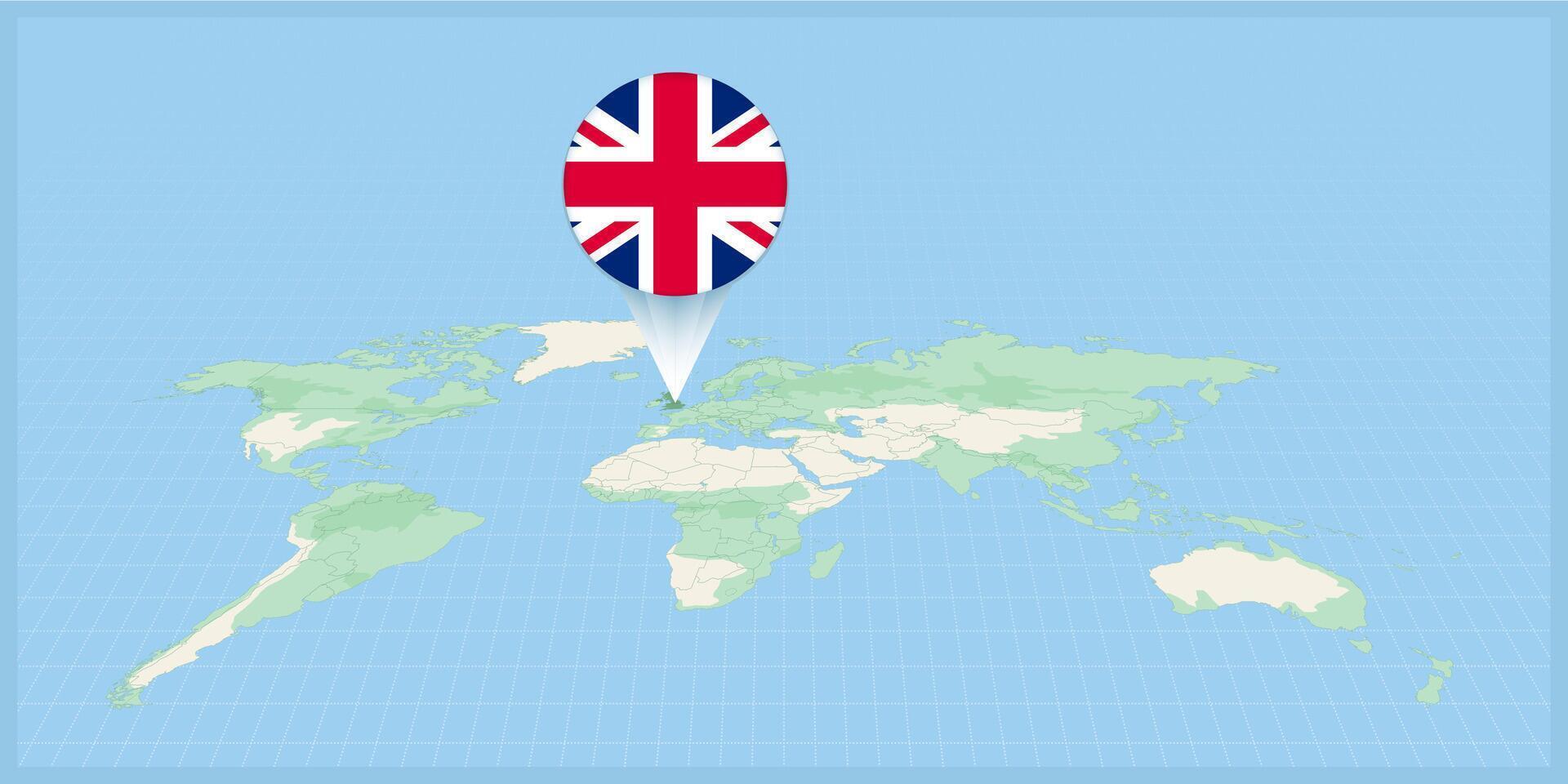 Location of United Kingdom on the world map, marked with United Kingdom flag pin. vector