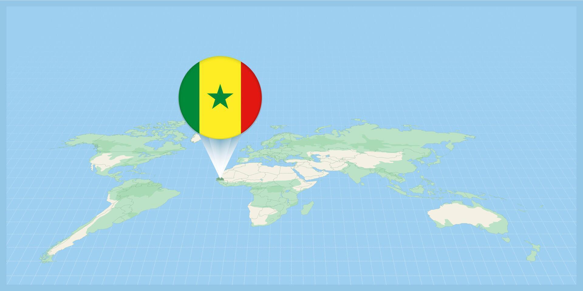 Location of Senegal on the world map, marked with Senegal flag pin. vector