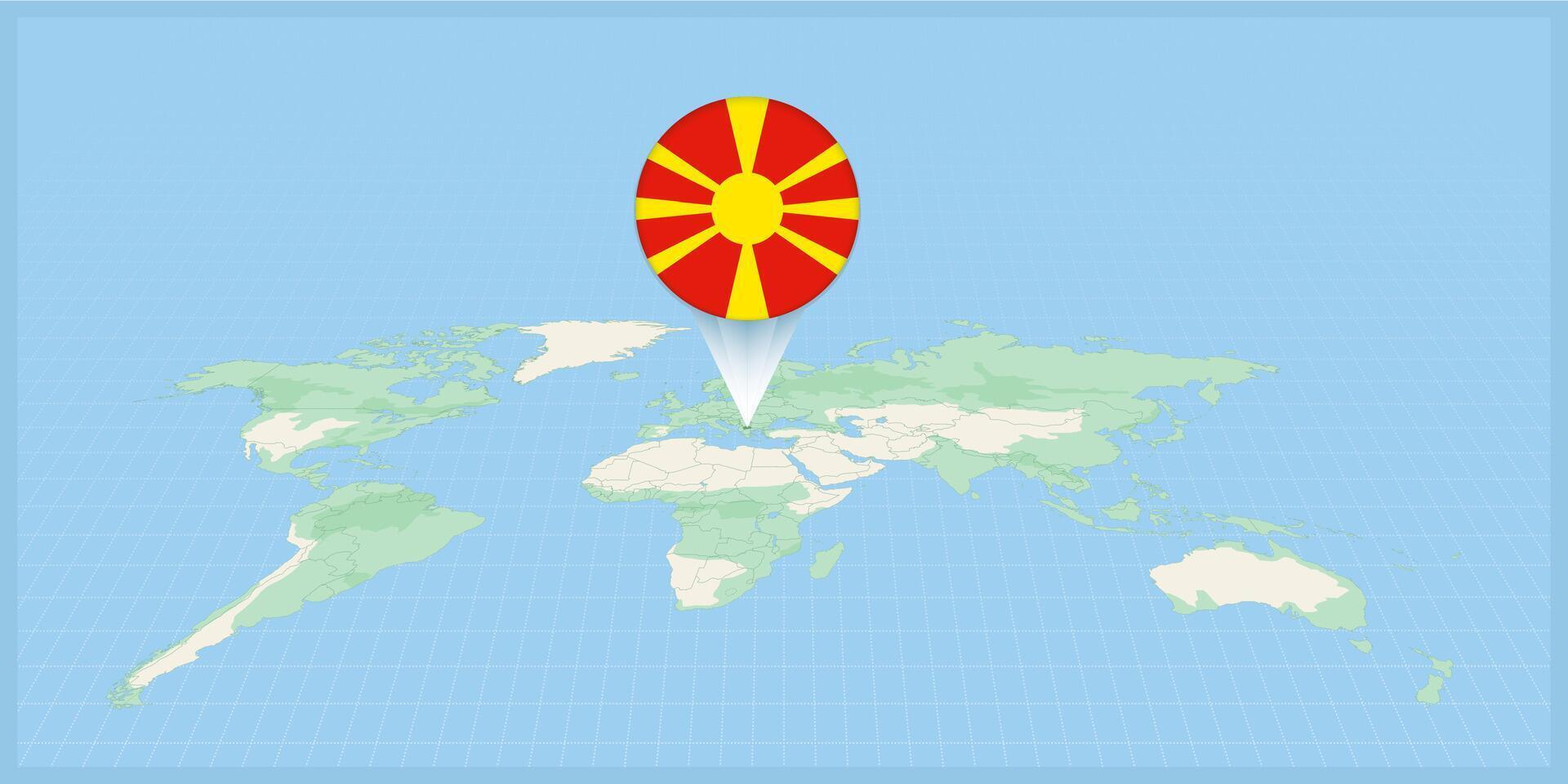 Location of Macedonia on the world map, marked with Macedonia flag pin. vector