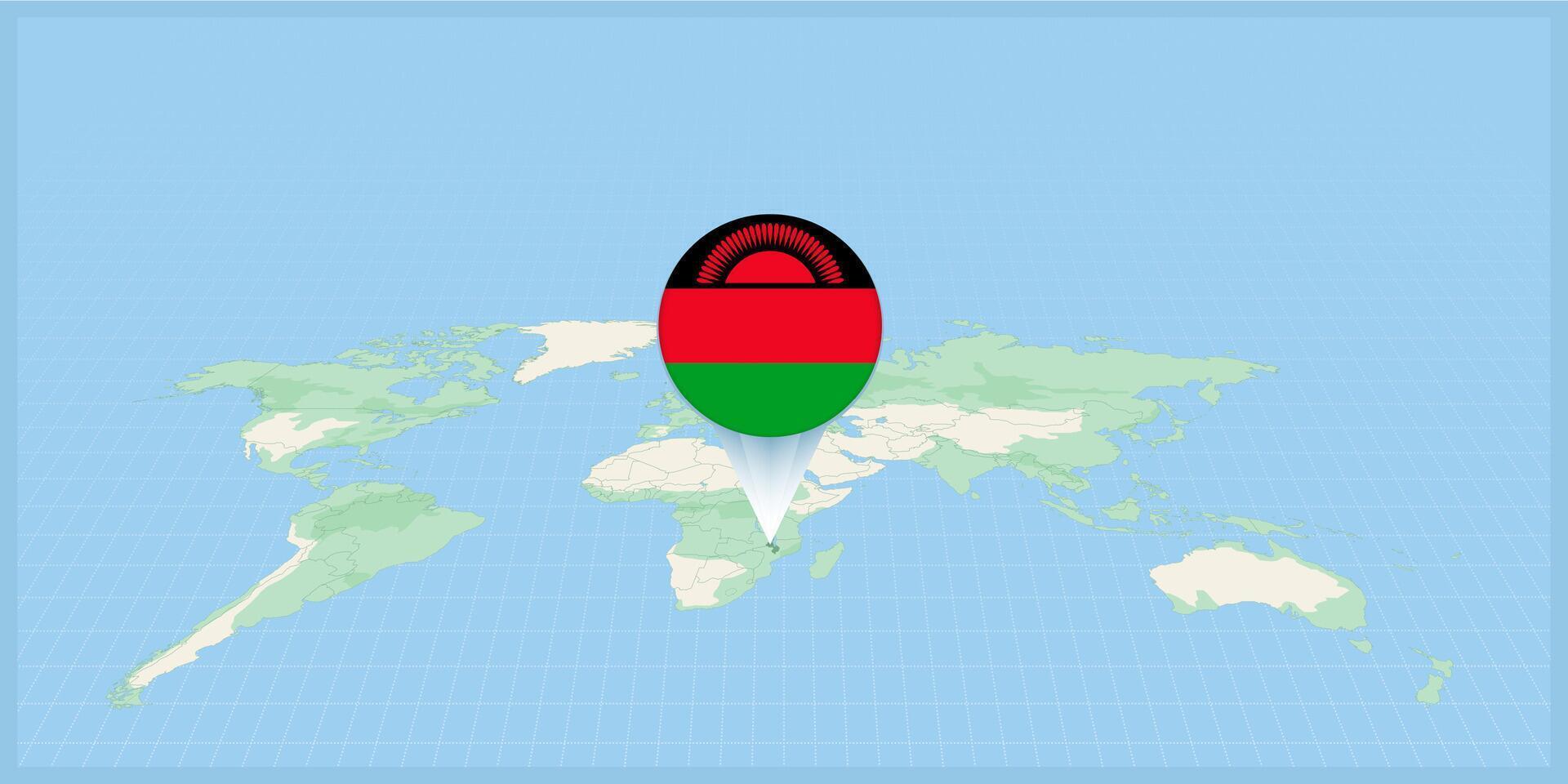 ubicación de malawi en el mundo mapa, marcado con malawi bandera alfiler. vector
