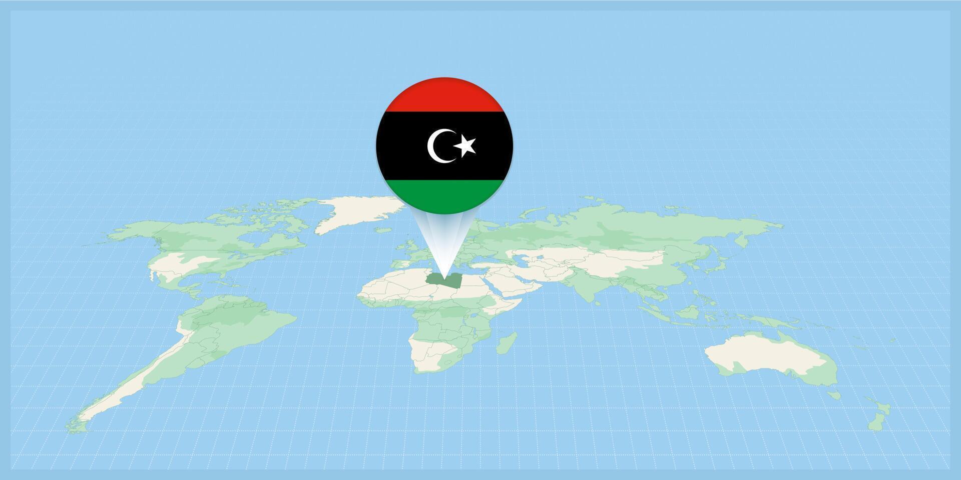 ubicación de Libia en el mundo mapa, marcado con Libia bandera alfiler. vector