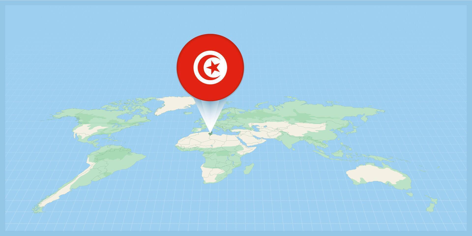 Location of Tunisia on the world map, marked with Tunisia flag pin. vector