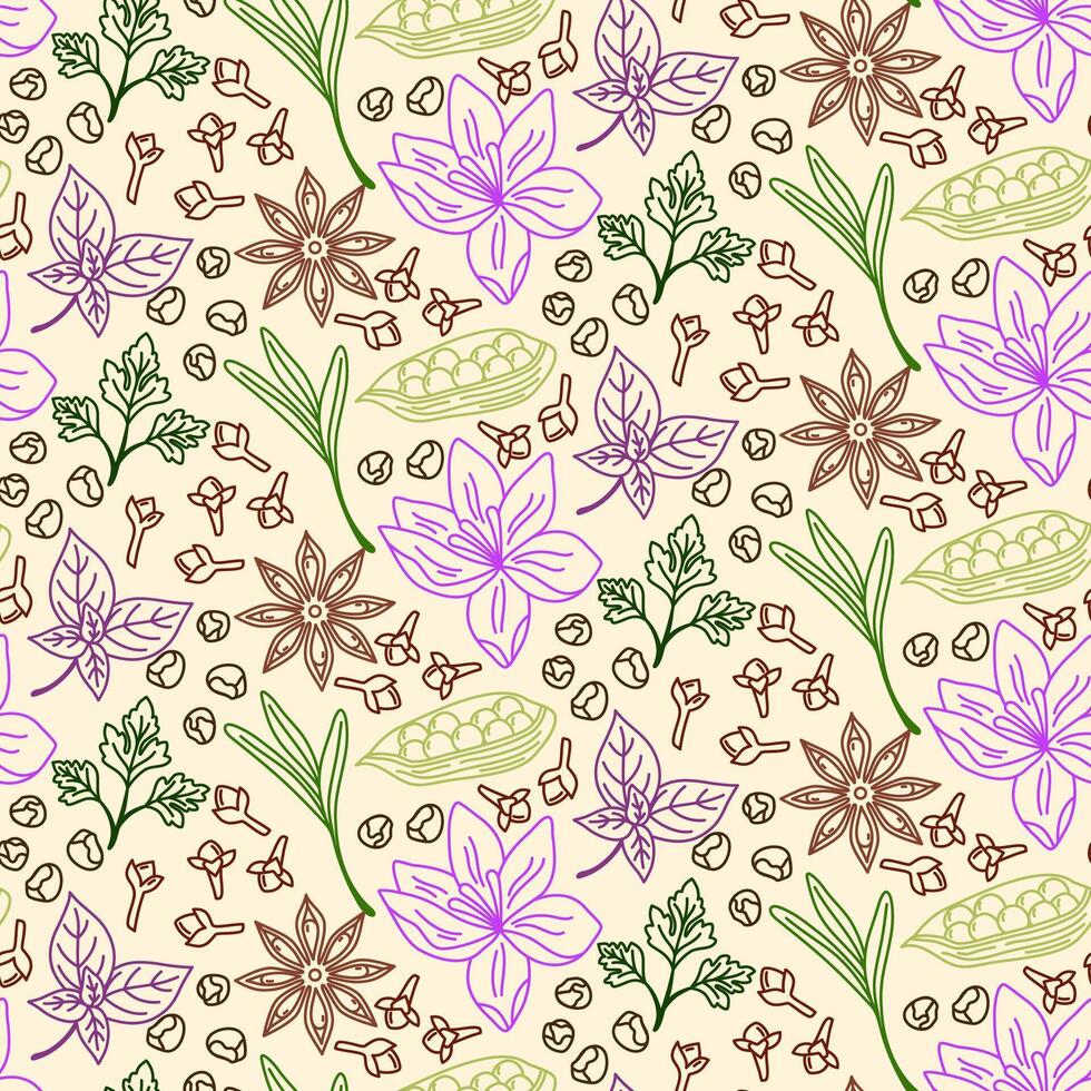 Seamless pattern with spices and herbs. Vector illustration. Line art. Perfect for use to create culinary projects, branding, logo, menus, packaging, patterns, prints, textile design.