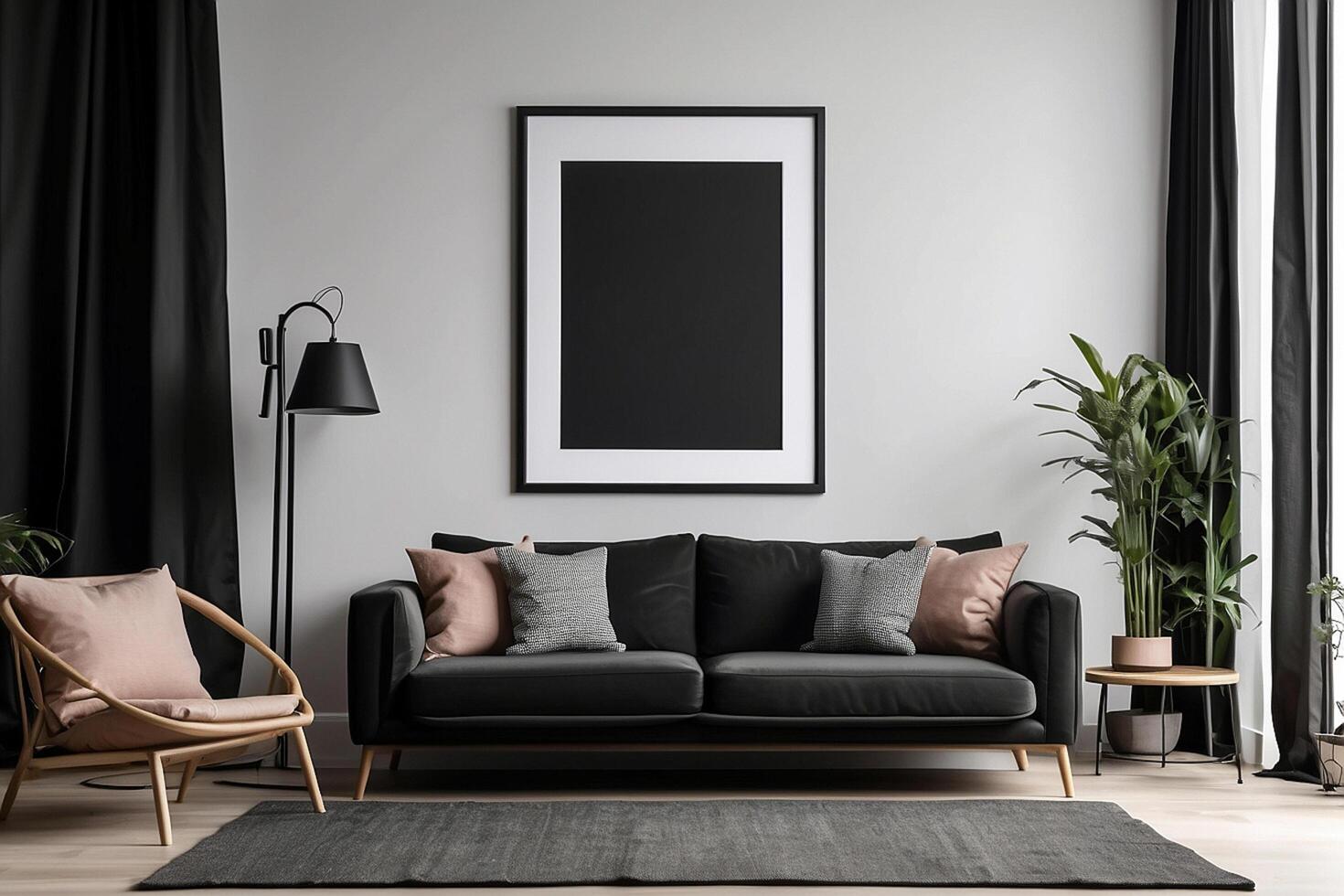 AI generated Poster frame mockup in black living room interior photo