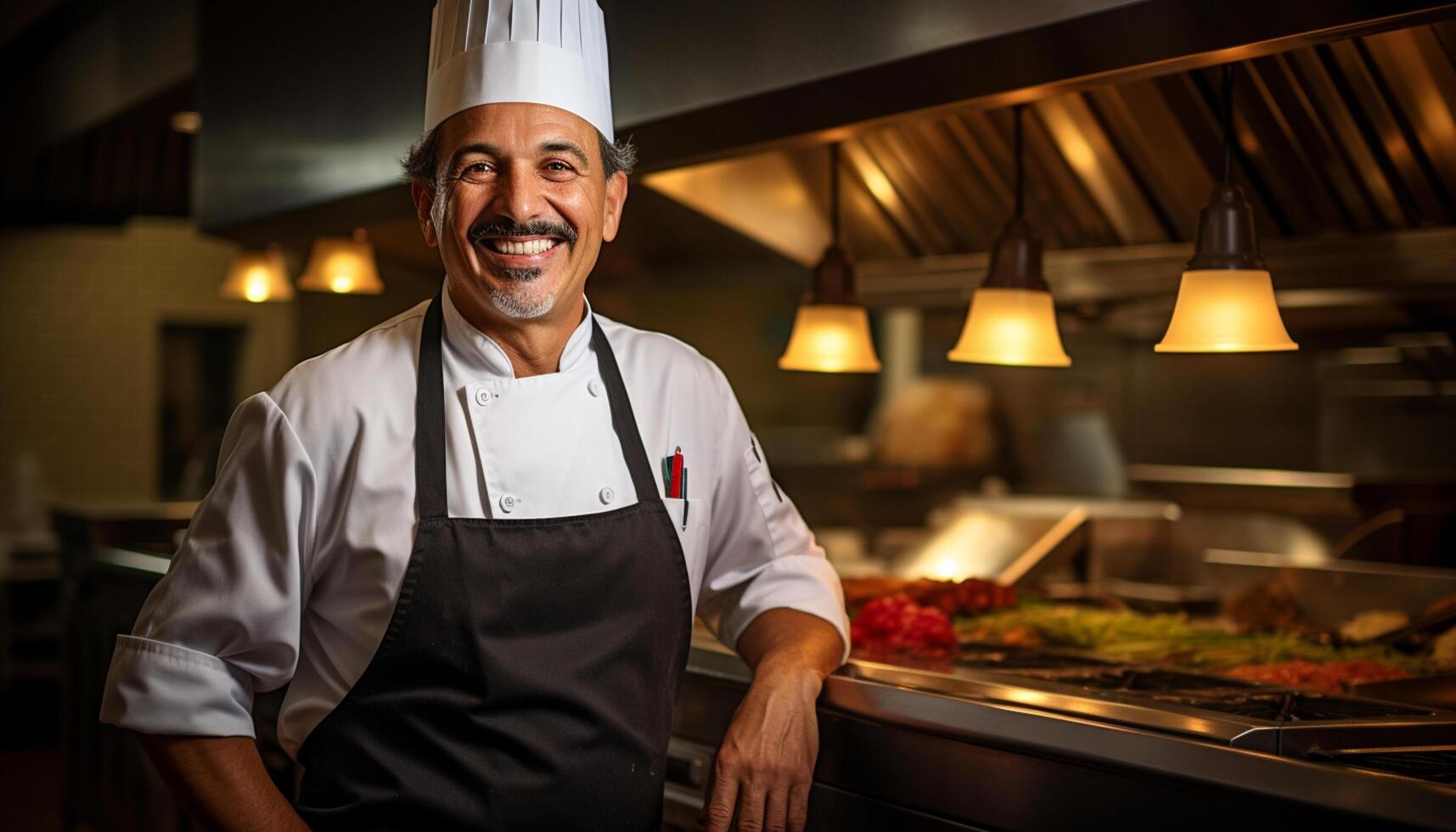 AI generated A professional male chef in his immaculate uniform and signature hat, lights up the kitchen with his infectious smile, bringing laughter and joy to the culinary spac photo