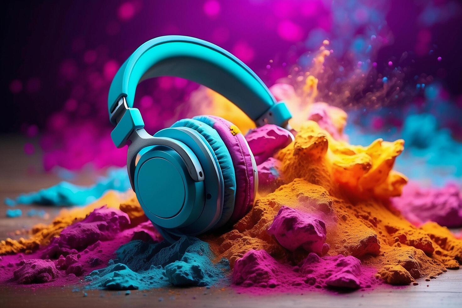 AI generated Headphone and vivid color powder. Creative music and festival concept photo