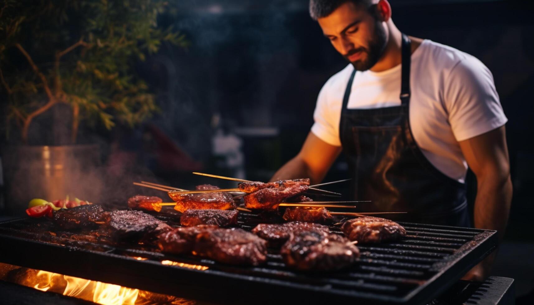 AI generated A man cooks a meat steak on charcoal grill. Barbecue party. Steaks cooking over flaming grill photo