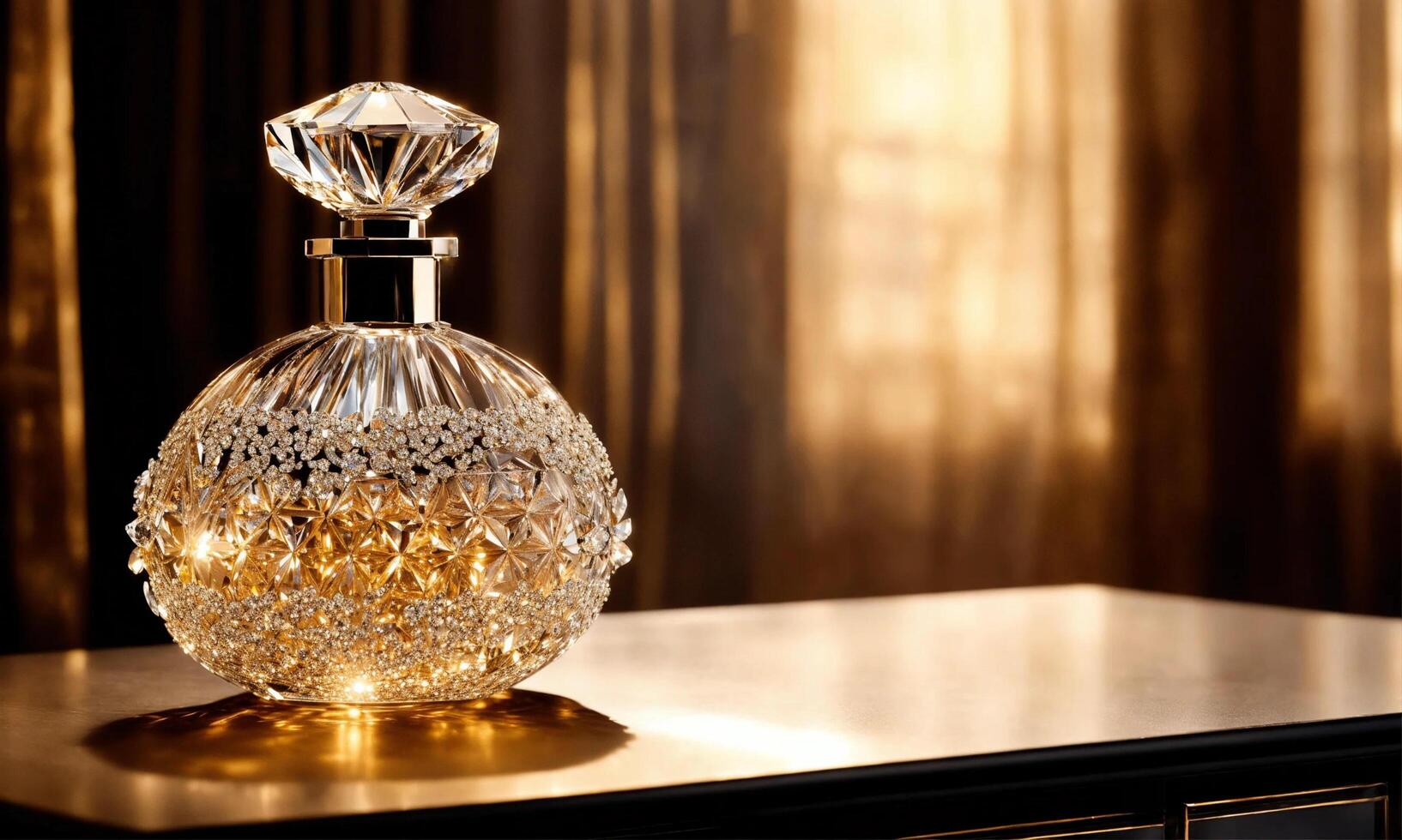 AI generated Luxury crystal perfume bottle standing on a reflective table with light curtains in the background photo