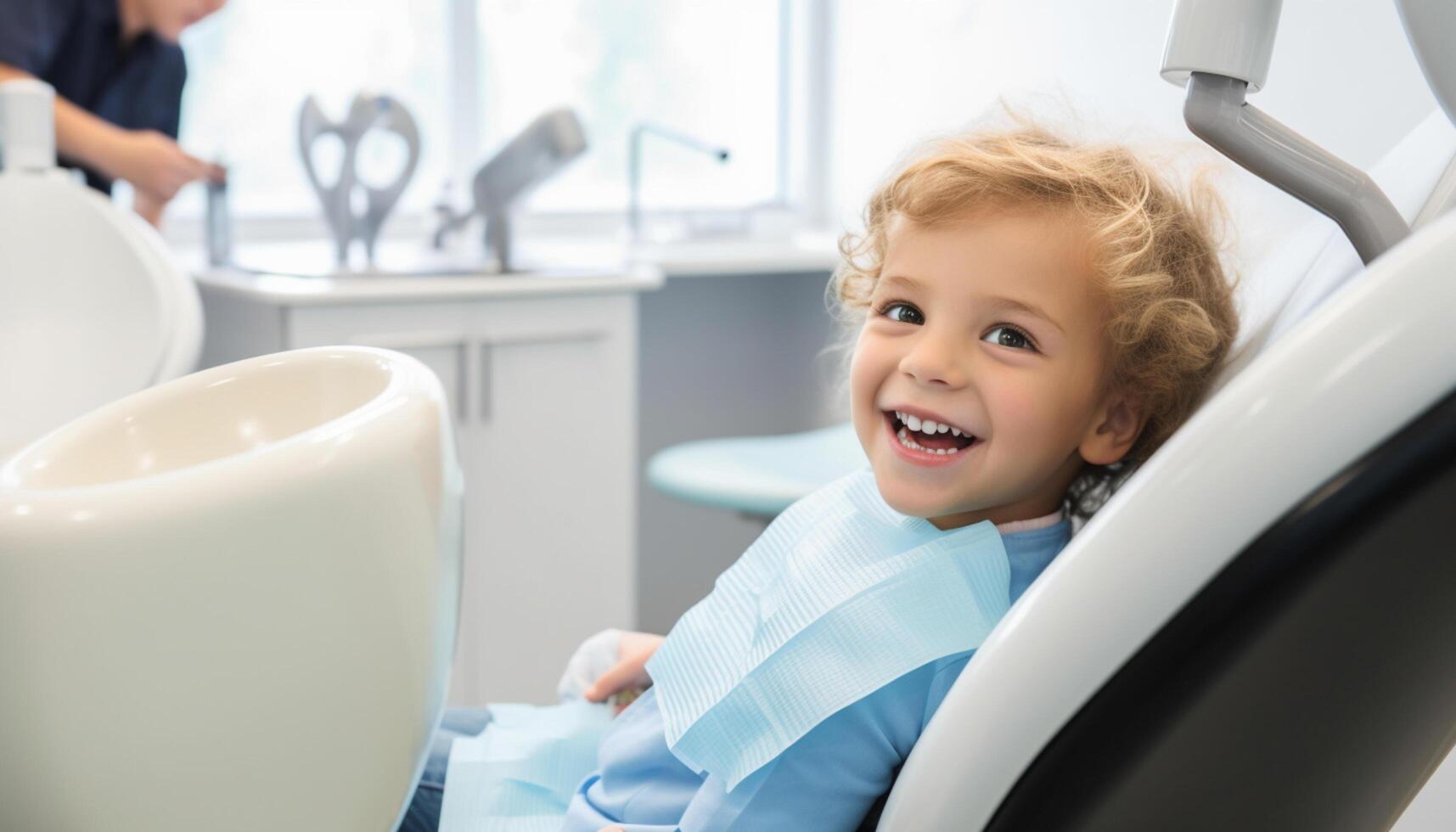 AI generated A child sitting in a dental clinic chair smiles at a dentist before undergoing a oral inspection photo
