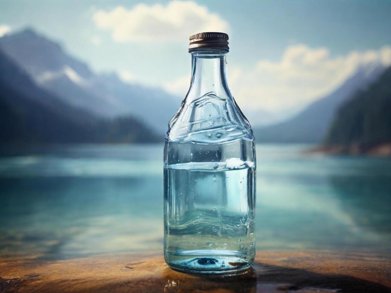 AI generated a glass bottle with transparent crystal artesian water photo