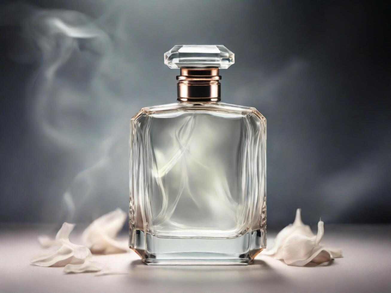 AI generated a glass bottle of perfume, in white tones photo