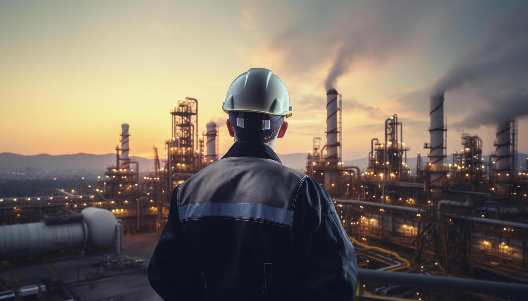 AI generated Engineer worker stands back in oil and gas industry, oil refinery, oil refinery oil storage tank and steel pipeline photo