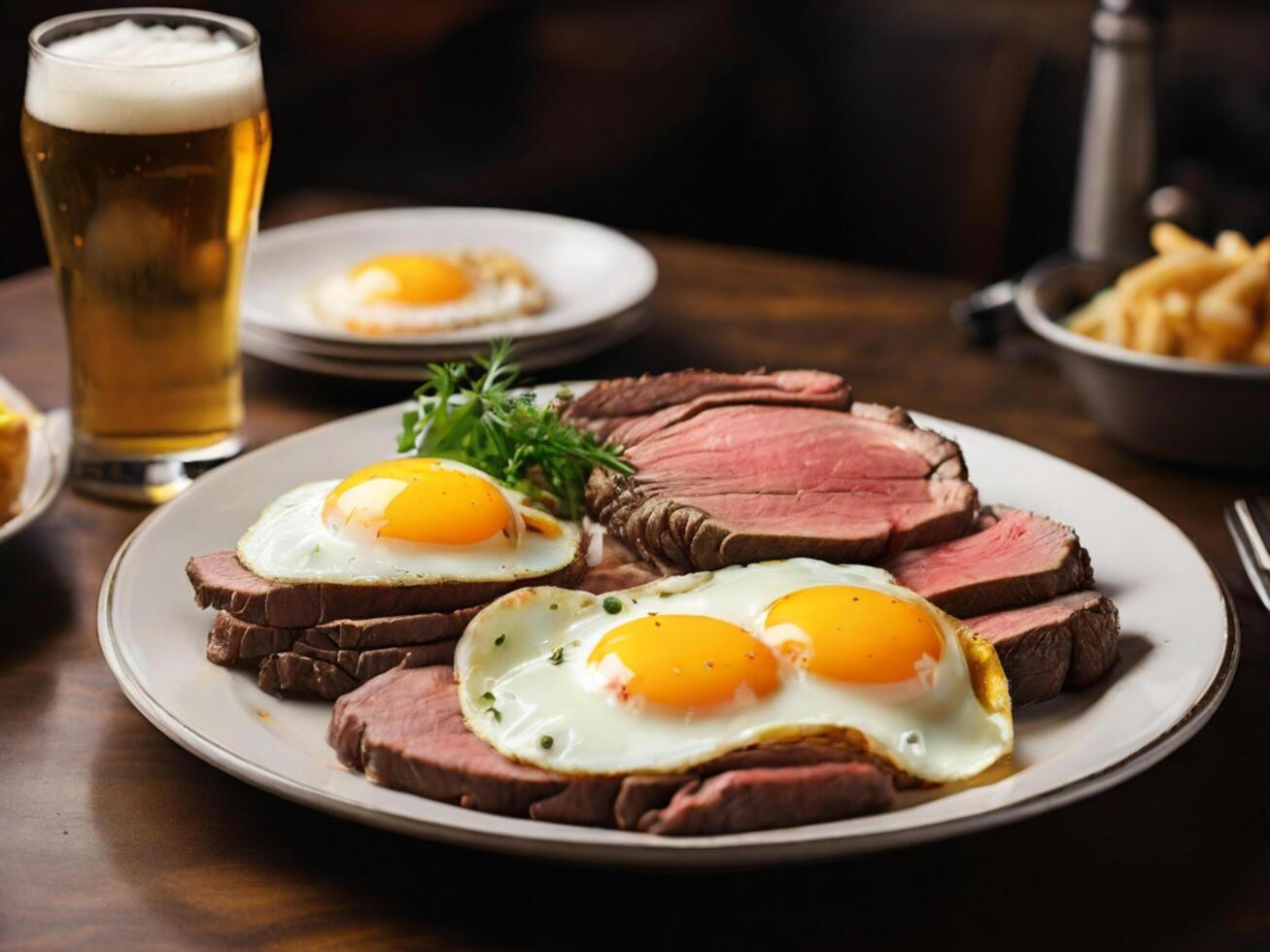 ai generado restaurante ofrecimiento un plato de asado carne de res, frito huevo, y cerveza. foto