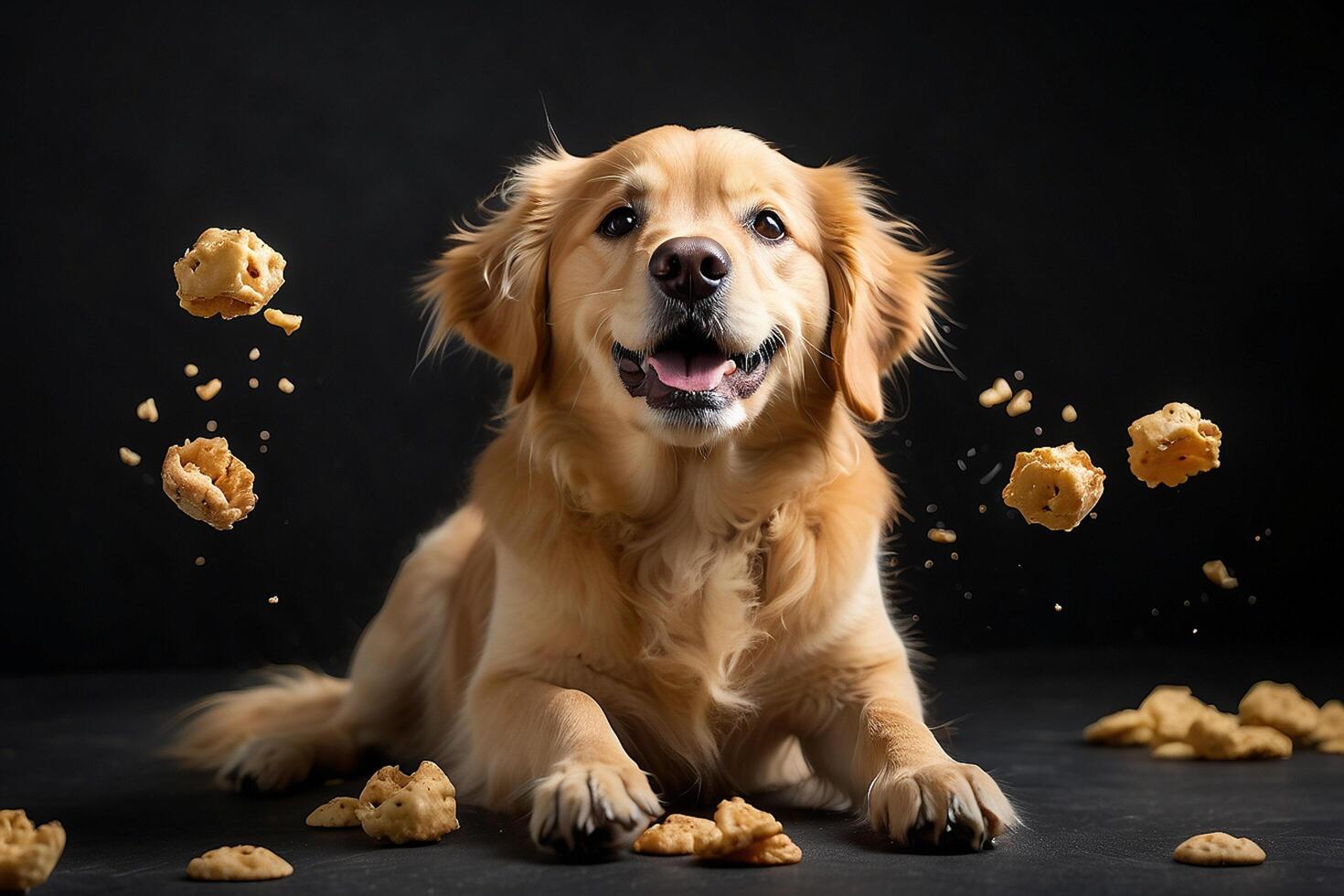 AI generated golden retriever with mouth open catching falling treats against a dark background photo