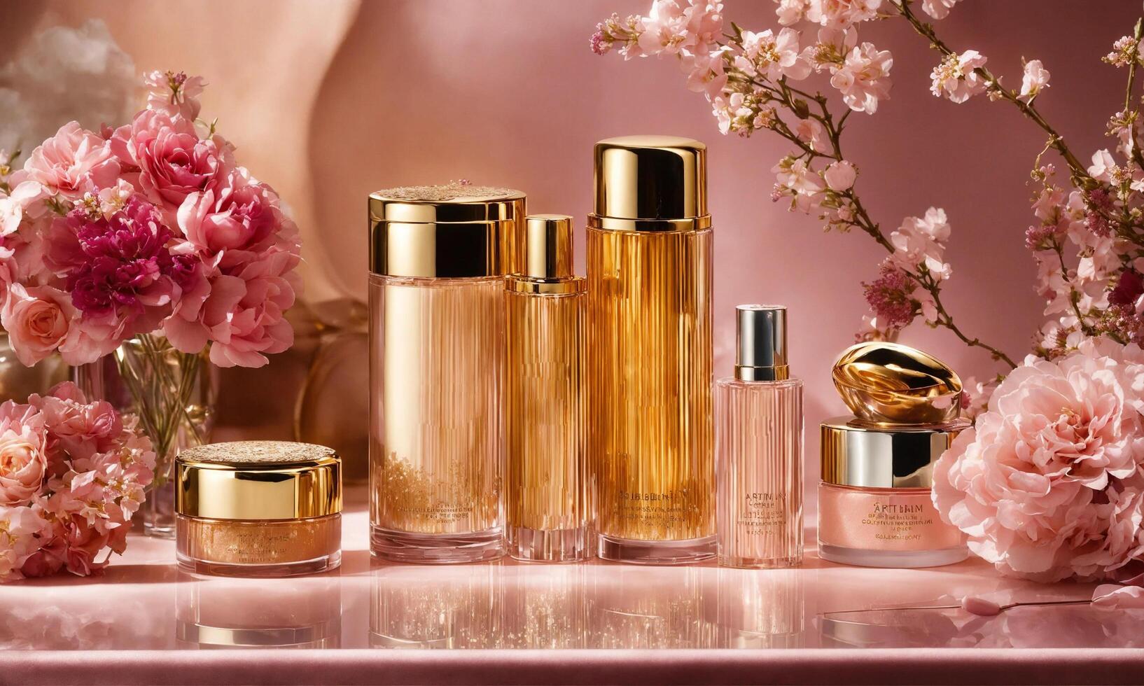 AI generated Beauty and elegance converge in this stunning setup of high-end cosmetic products among fresh flowers photo