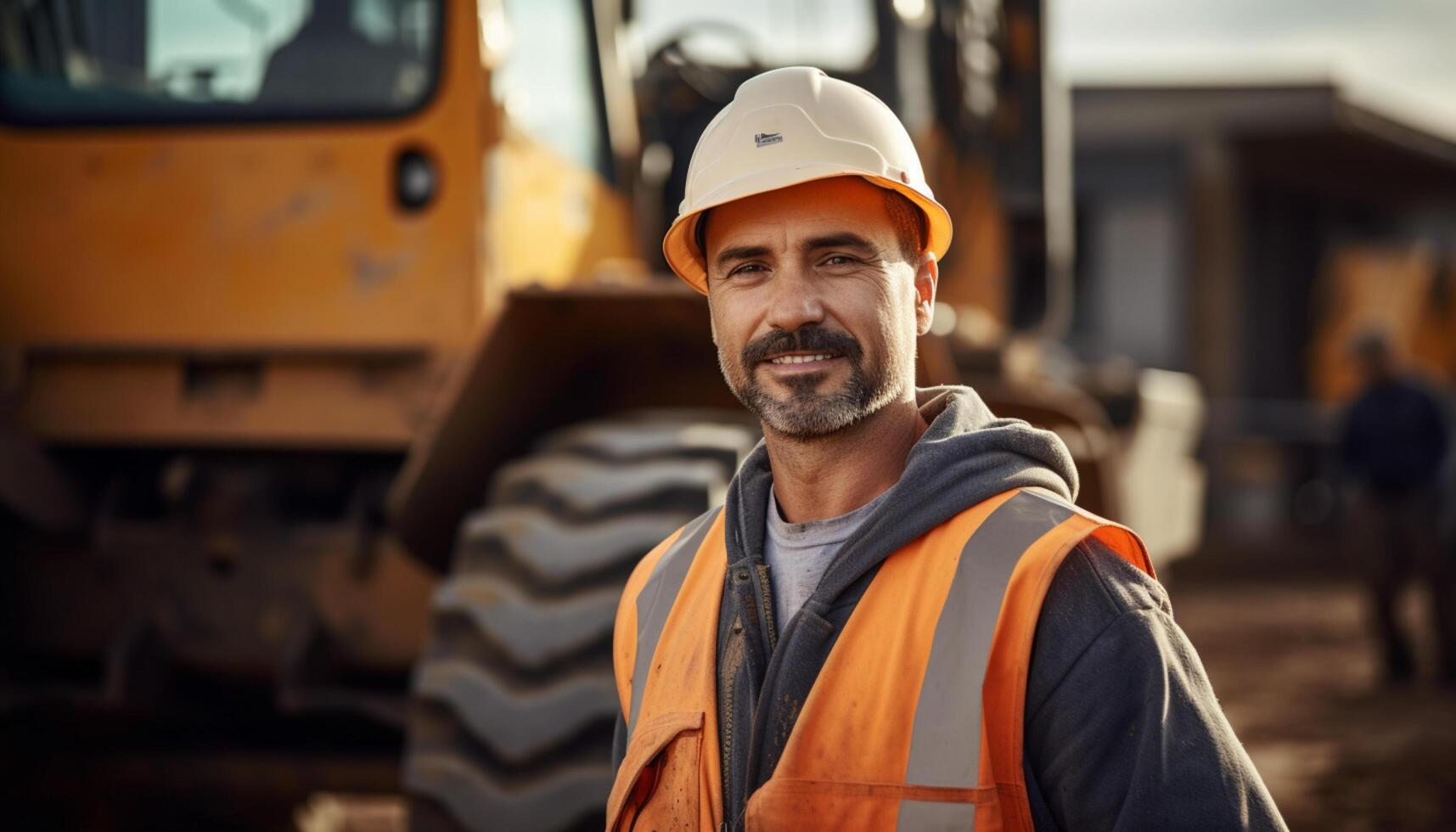 AI generated Portrait of construction worker on building site near to backhoe looking at camera smiling photo