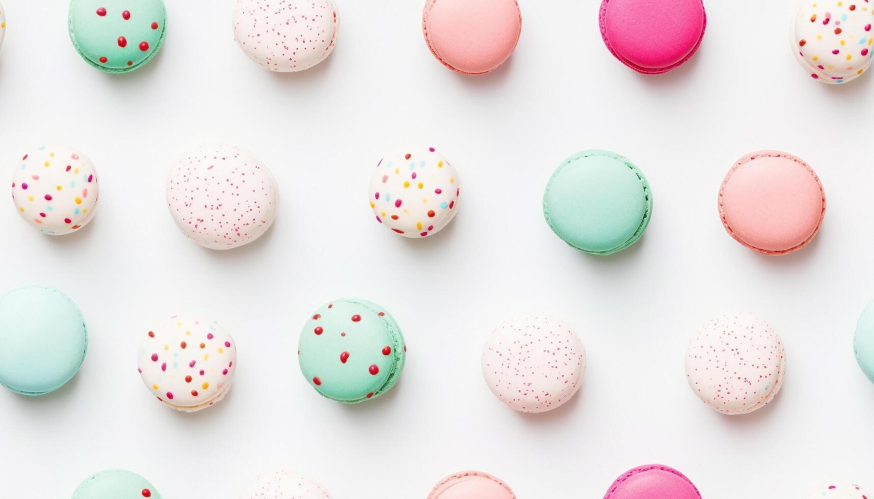AI generated Top-view colorful macarons on white flat lay background, including pink and mint flavors on a white background, pattern, tile, textures, background photo